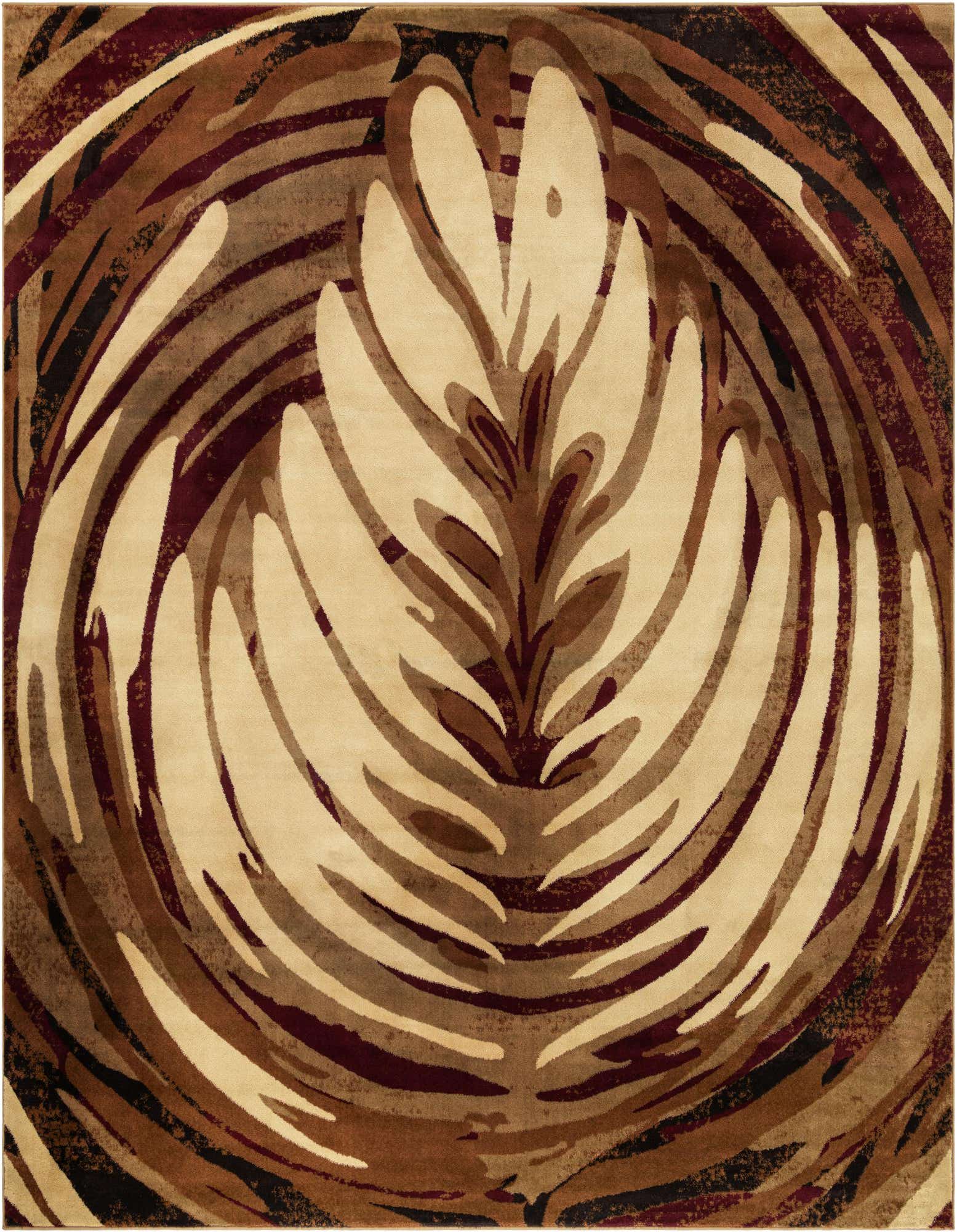 A 10' 0 x 10' 0 square modern rug featuring a large, abstract leaf or latte art design in shades of ivory, cream, brown, and burgundy.