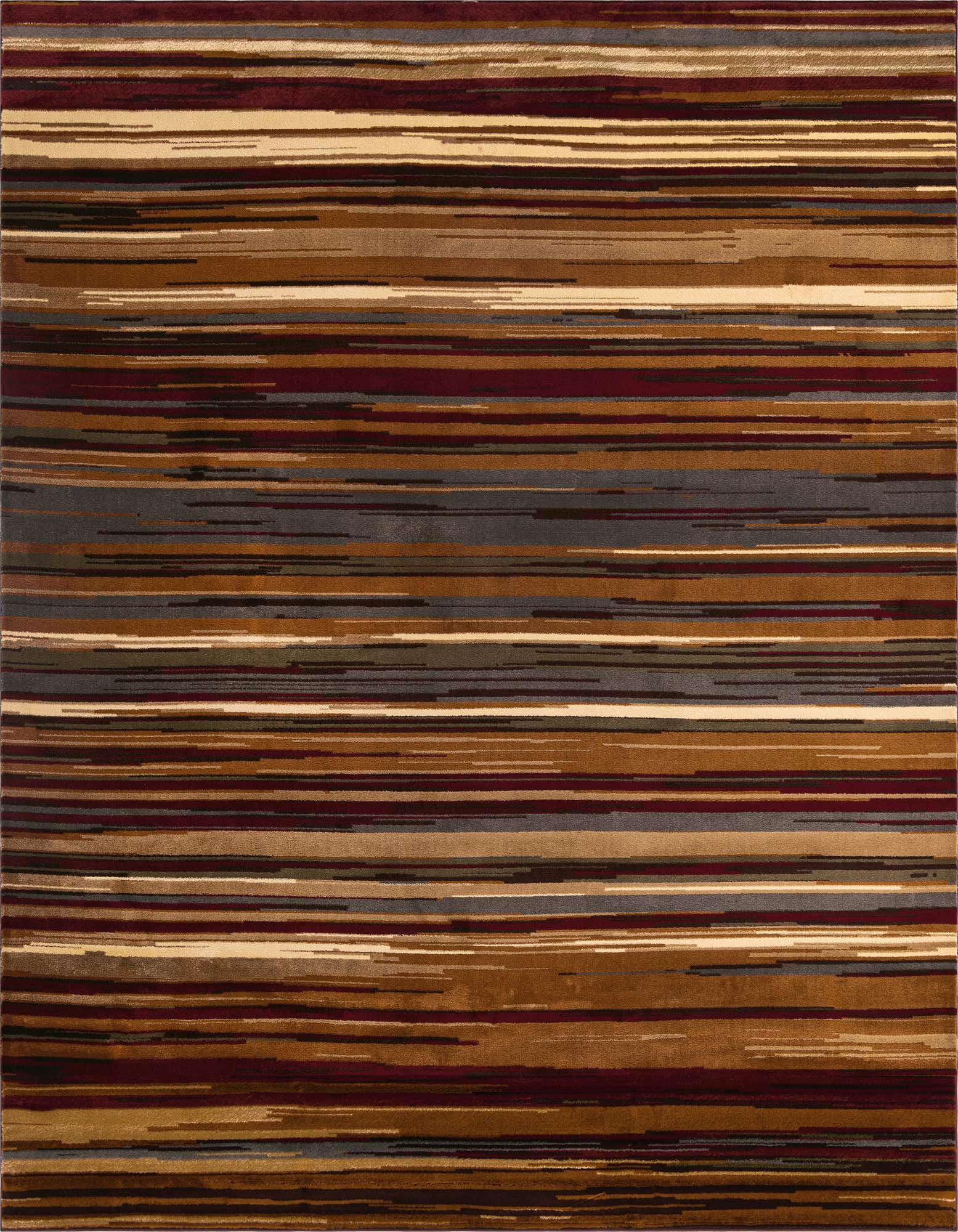 A 10' 0 x 10' 0 square rug featuring a modern stripe pattern in various shades of brown, tan, ivory, cream, and hints of grey and burgundy.