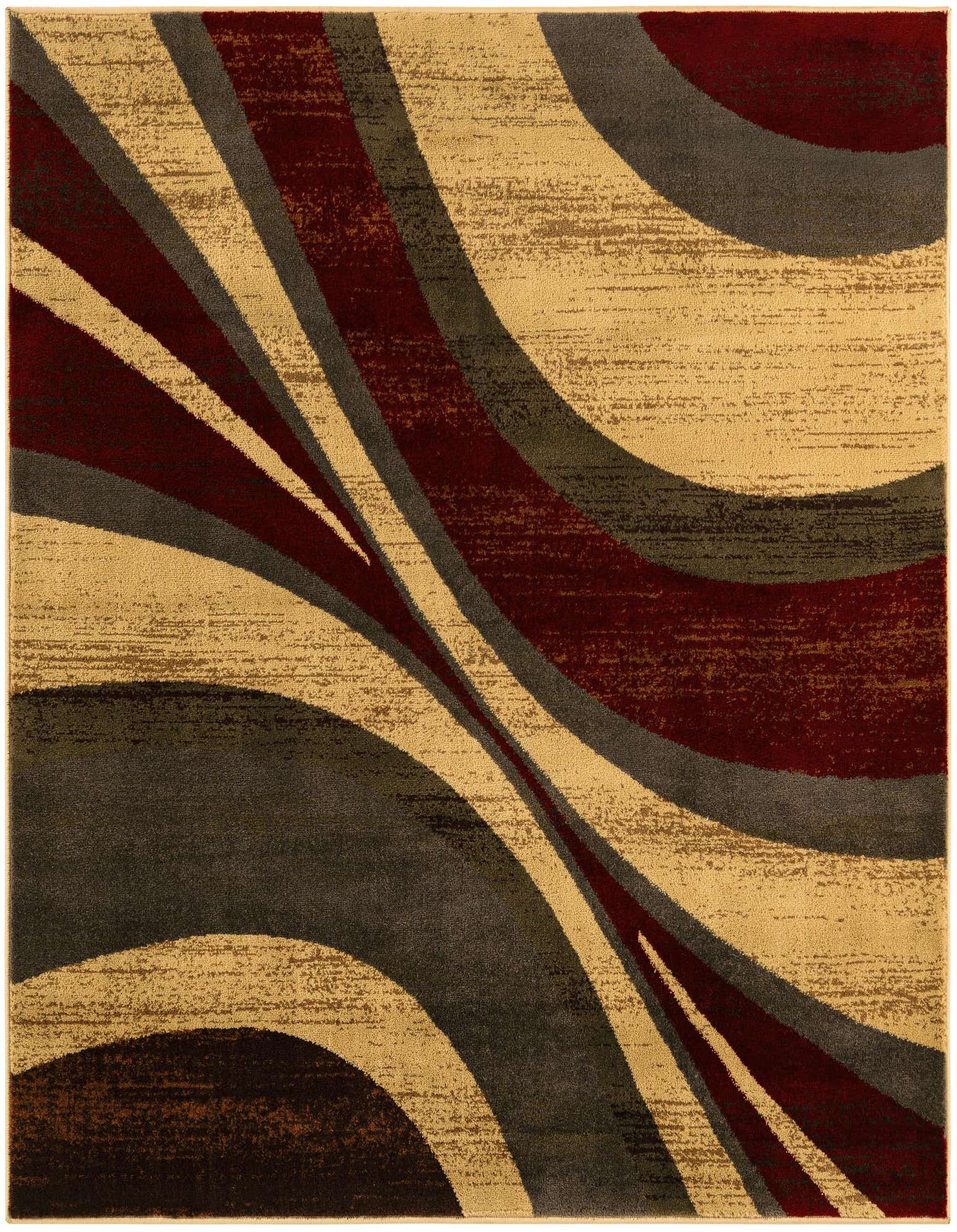 A 5' 3 x 5' 3 square modern abstract rug featuring swirling bands of brown, tan, ivory, and deep red.