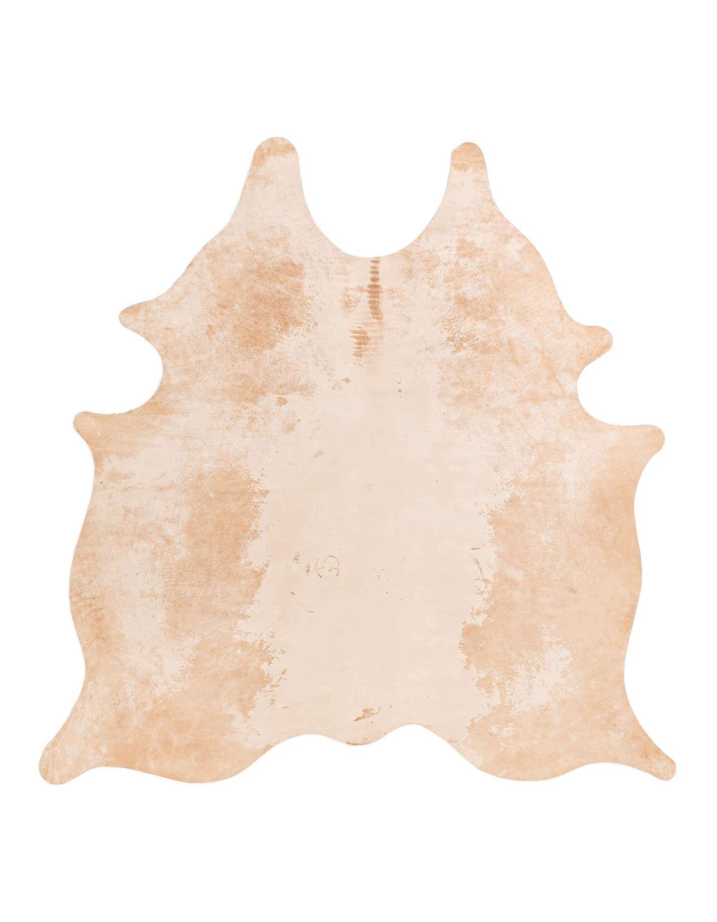 A 6'1" x 6'7" square cowhide leather rug in shades of brown and tan, featuring an irregular, natural shape and a flat, textured pile.