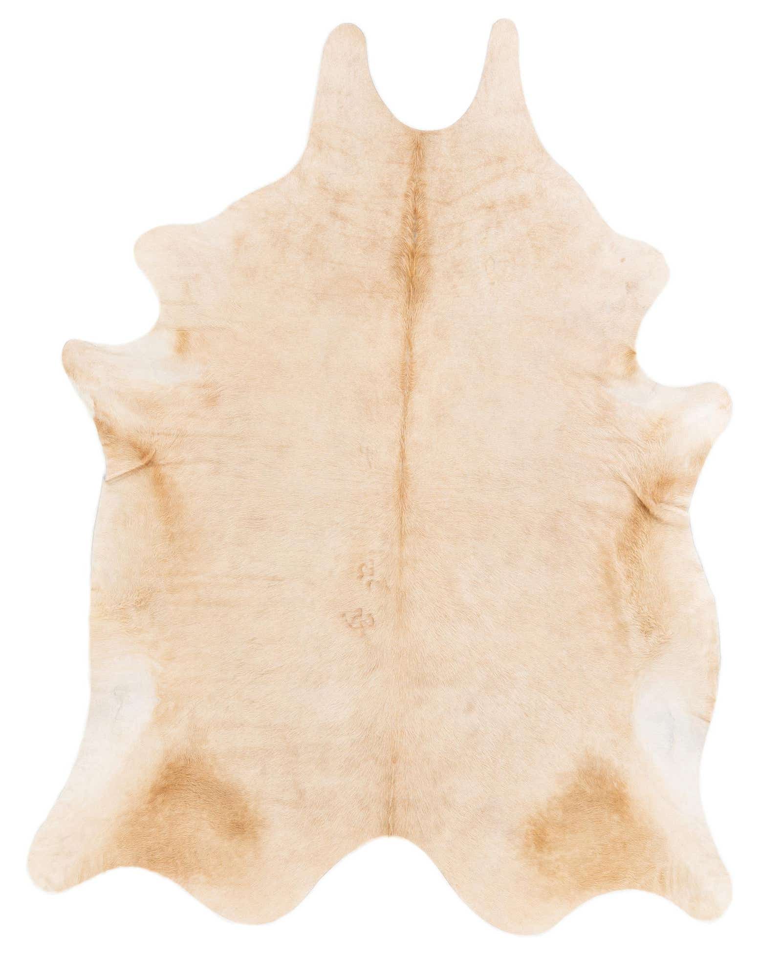 A 6'2" x 6'8" square cowhide rug in varying shades of brown, tan, and cream, featuring a natural, irregular shape.