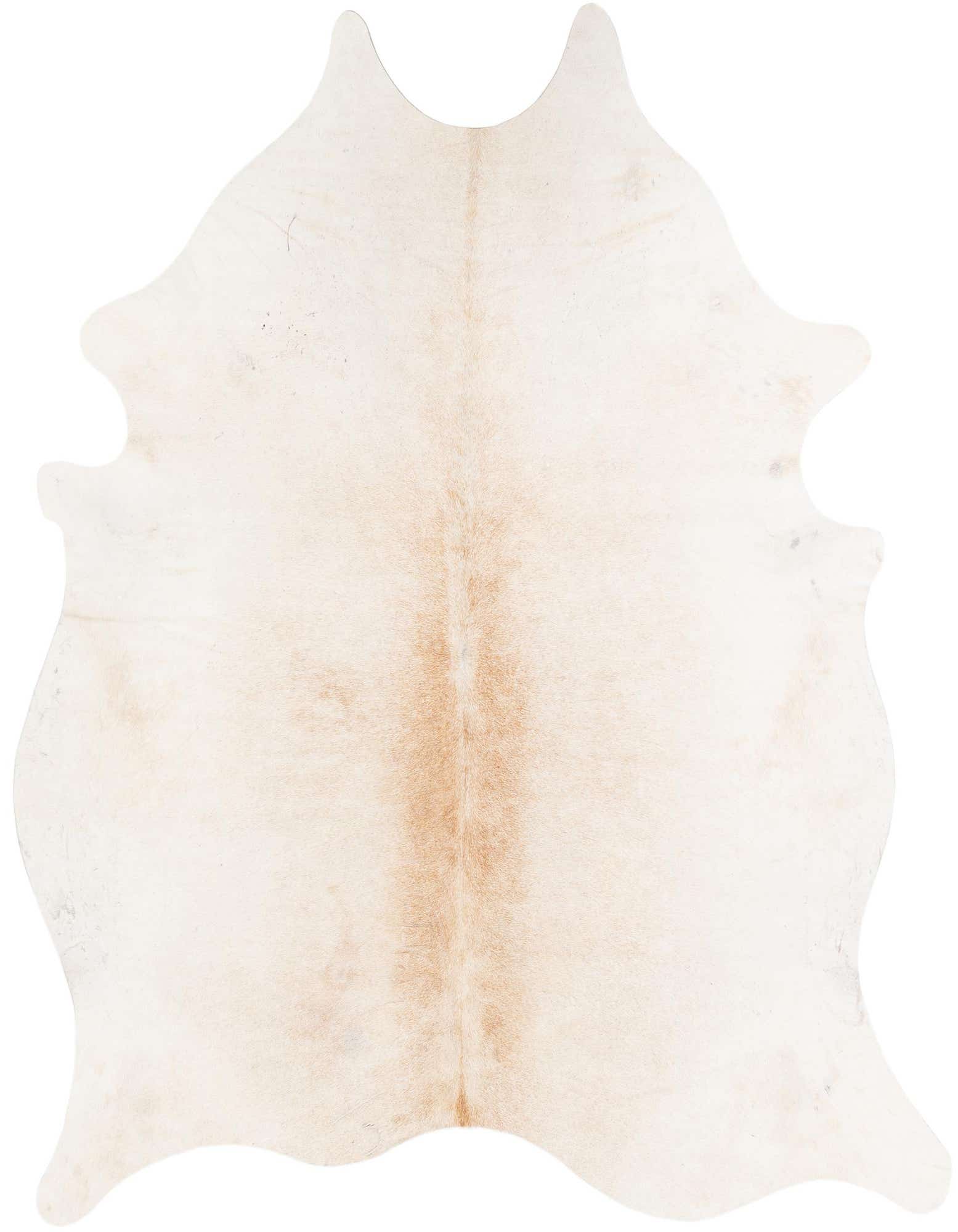 A 5' 11 x 6' 5 square cowhide rug in shades of ivory, cream, and tan, featuring a natural, irregular shape and flat pile.