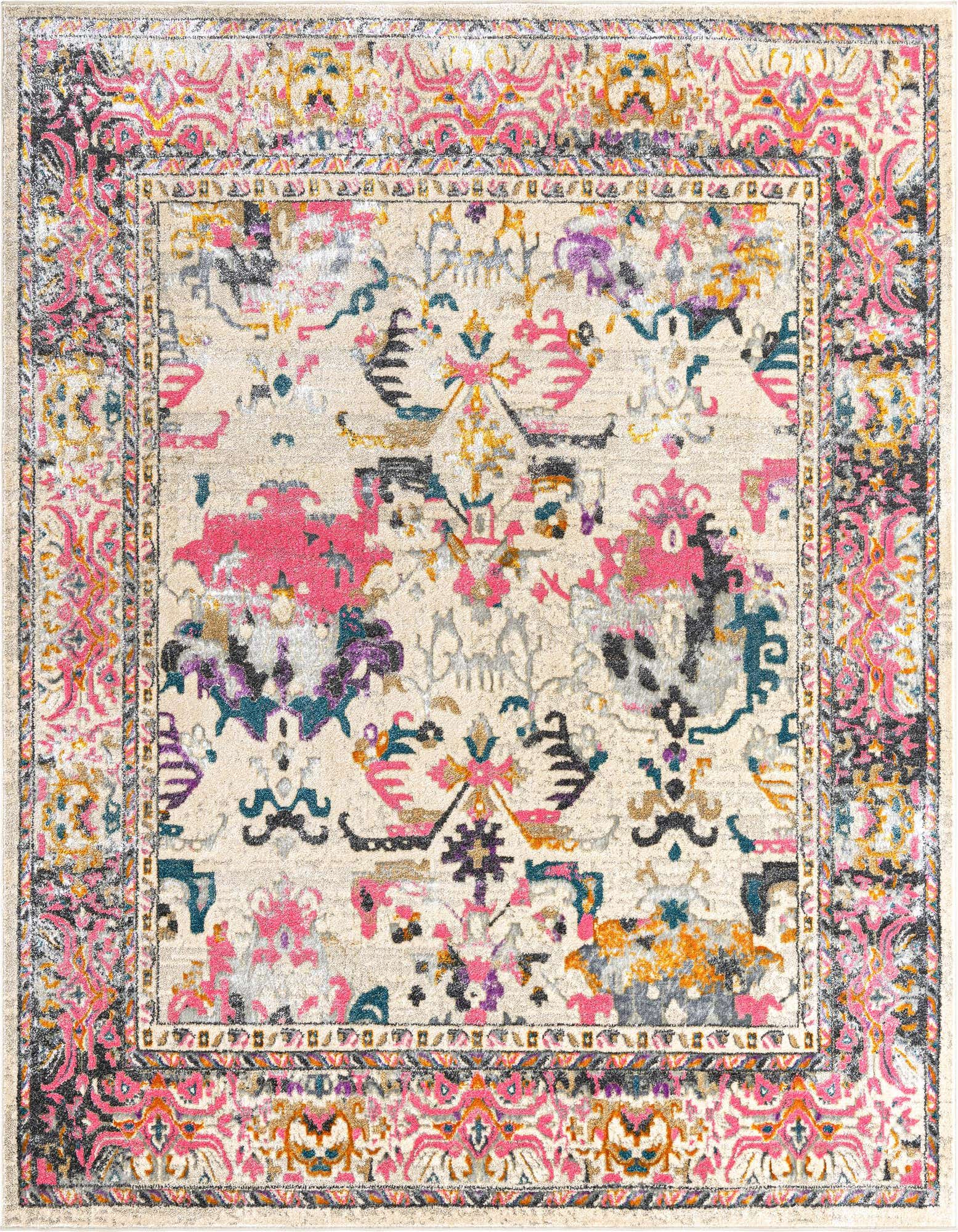 A square 8' 0 x 8' 0 Delilah rug featuring a distressed traditional pattern in ivory, brown, pink, and multi-color hues.
