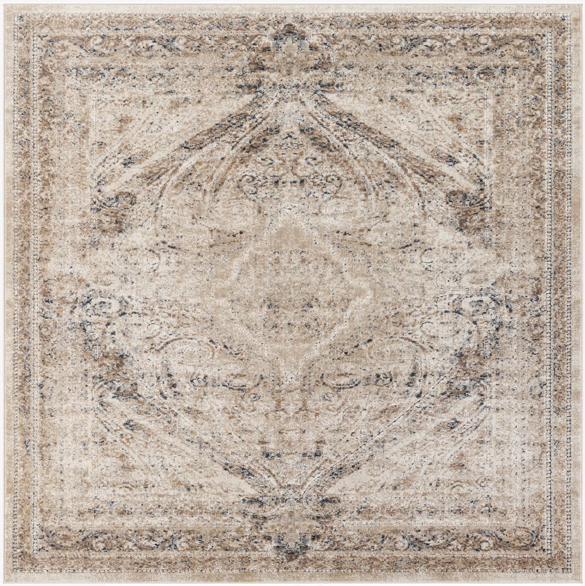 A 7'x7' square Eliza collection rug by Rugs.com, featuring a distressed traditional medallion pattern in browns, tans, and ivories.