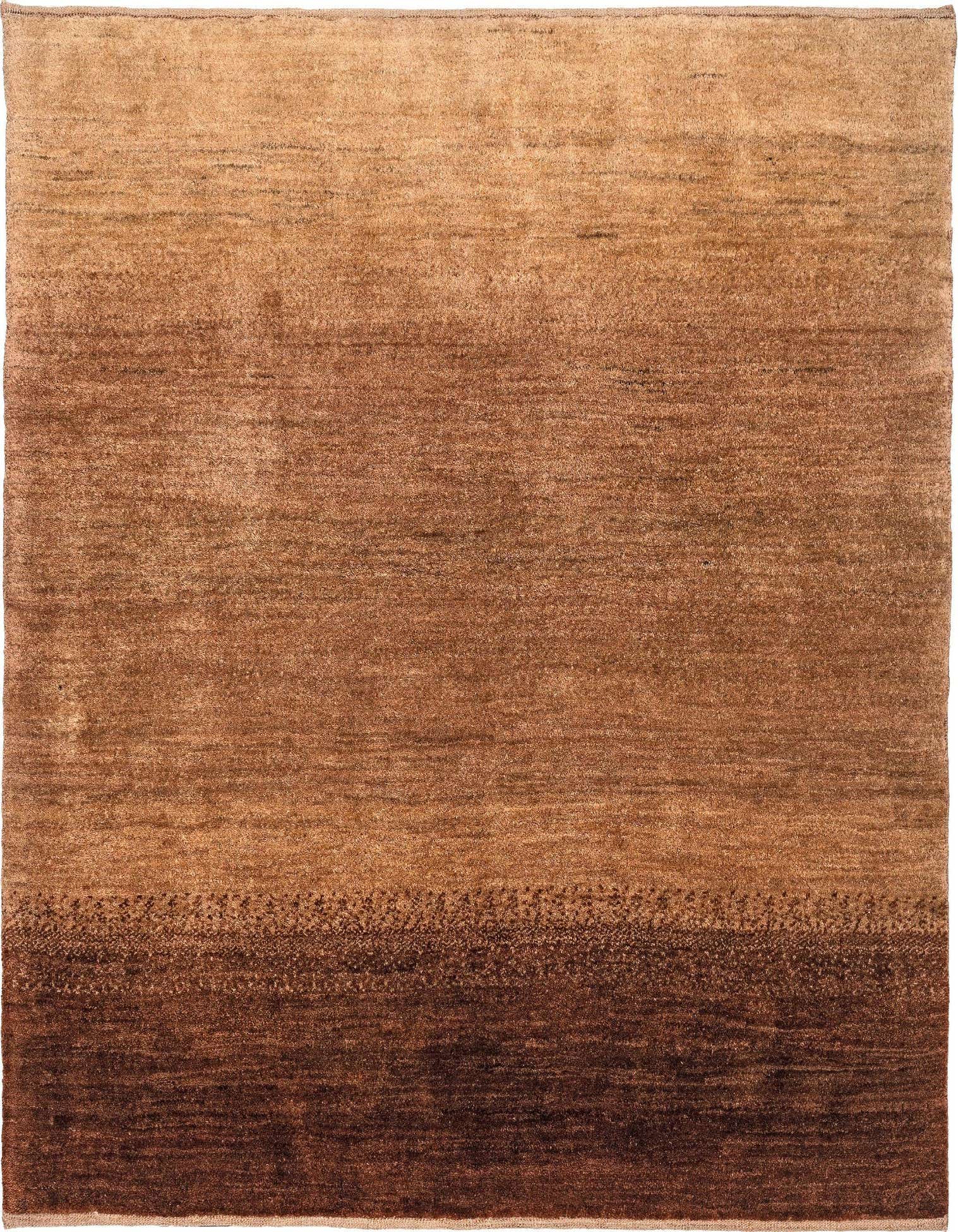 A square Gabbeh rug, 3' 9 x 3' 11, featuring a modern gradient design from light tan to dark brown, with subtle textured patterns.