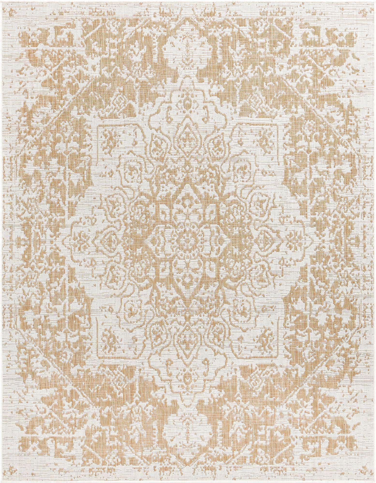 A 7' 10 x 7' 10 square Jill Zarin Outdoor rug featuring a distressed medallion pattern in tan and cream, suitable for a patio.