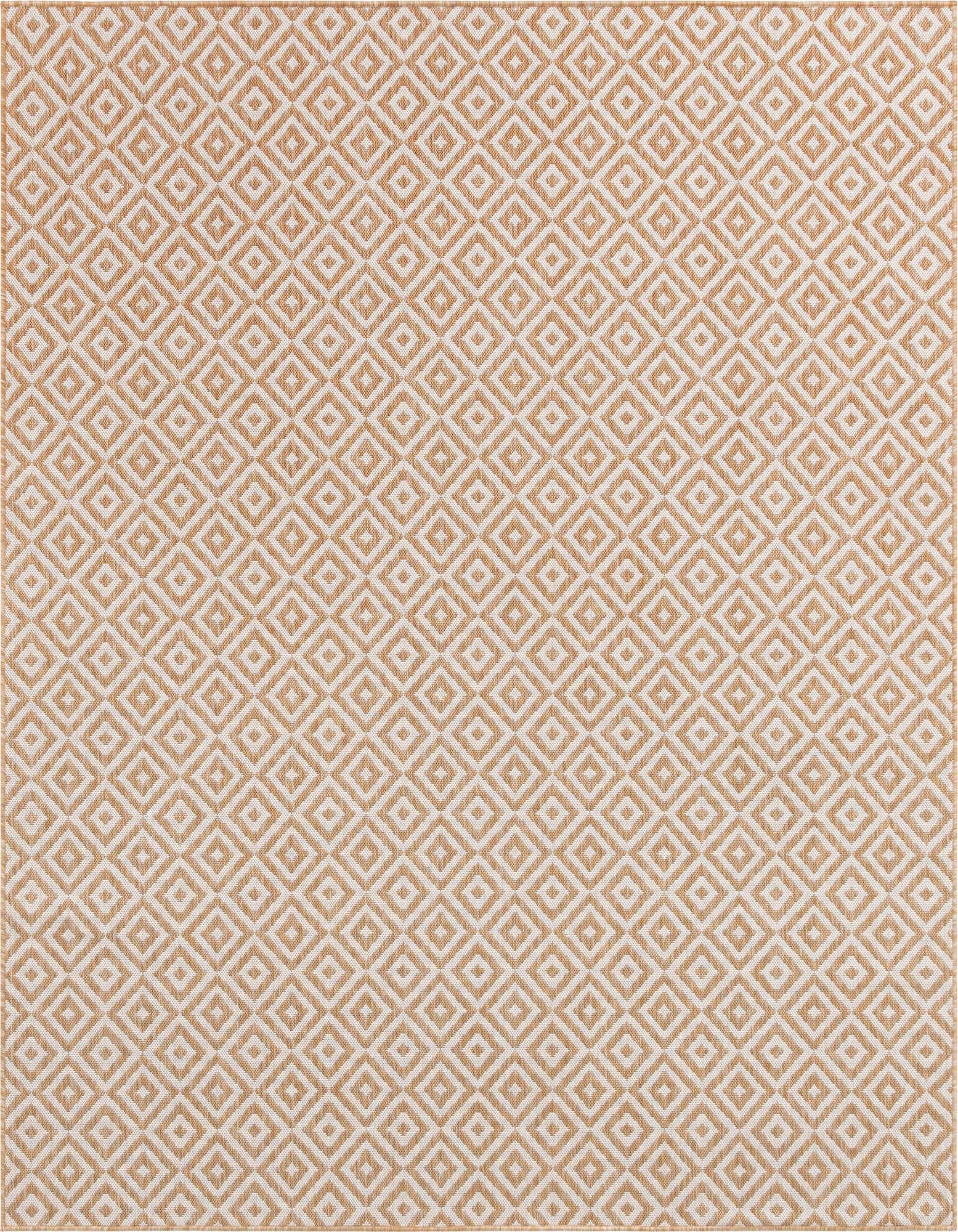 A 7' 10 x 7' 10 square Jill Zarin Outdoor rug with a repeating brown and ivory geometric trellis pattern, suitable for a patio.