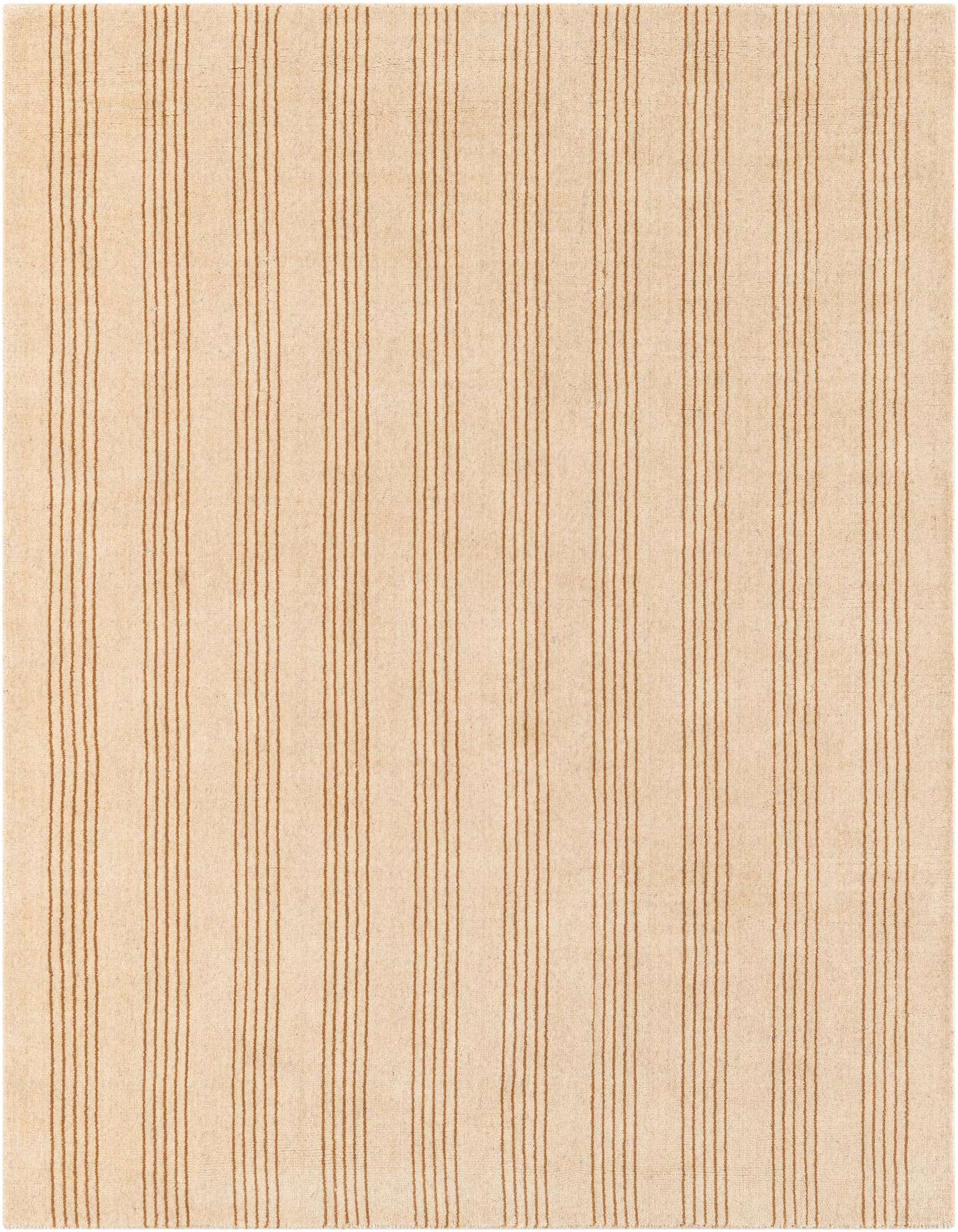 A 5' 1 x 5' 1 square modern indoor rug featuring a cream background with thin, vertical brown stripes.