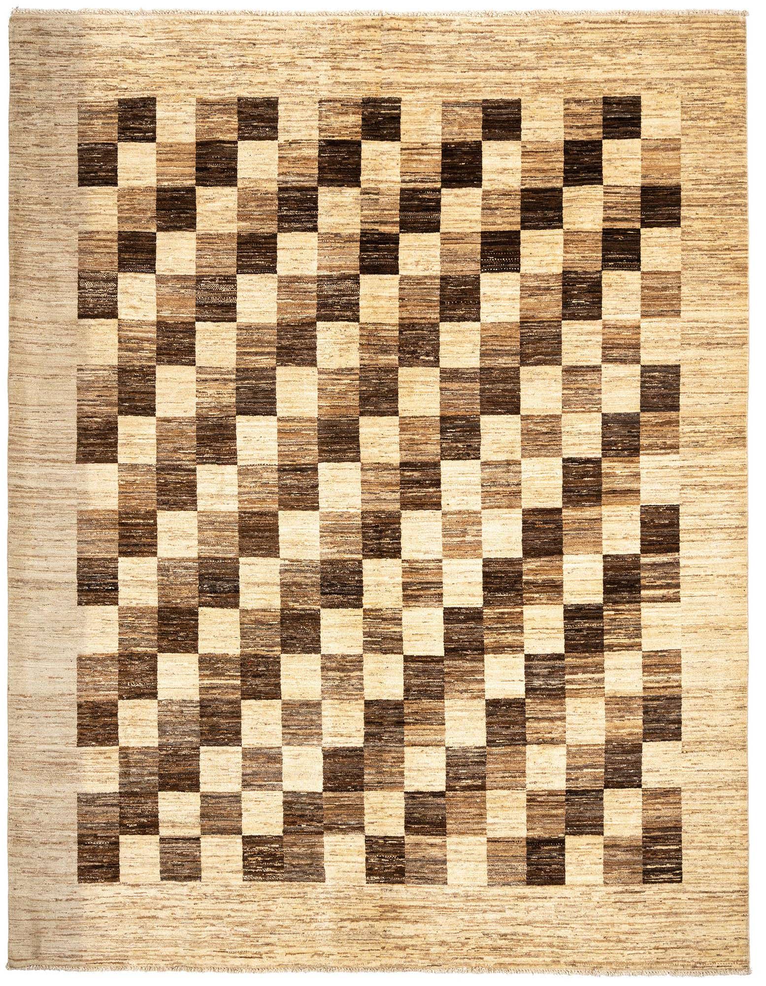 A 9' 3 x 9' 5 square Persian Juma rug featuring a checkerboard pattern in various shades of brown, tan, and ivory.