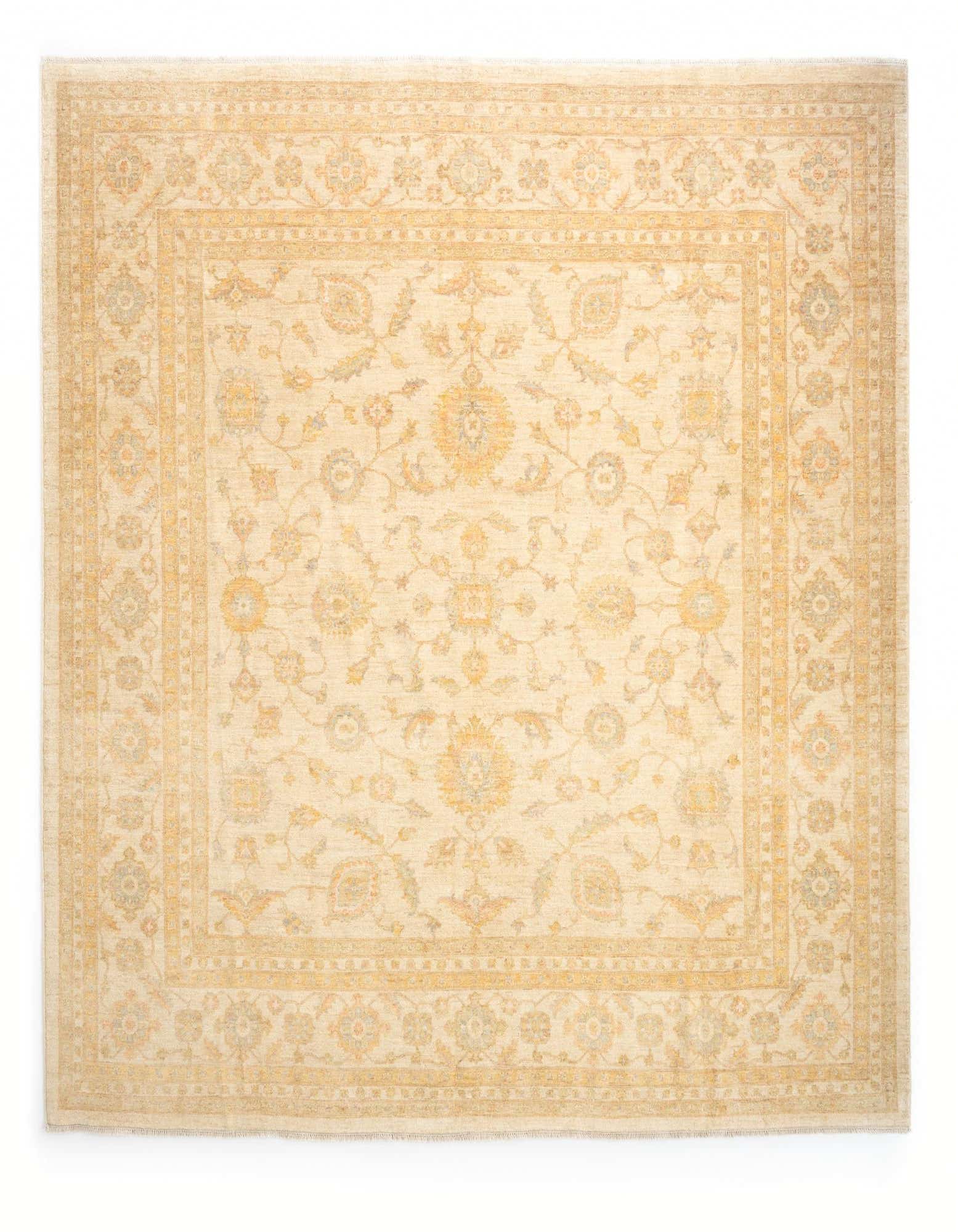 A square Kaizar Persian rug, 9' 7 x 9' 11, with an ivory field and traditional brown/tan floral patterns.