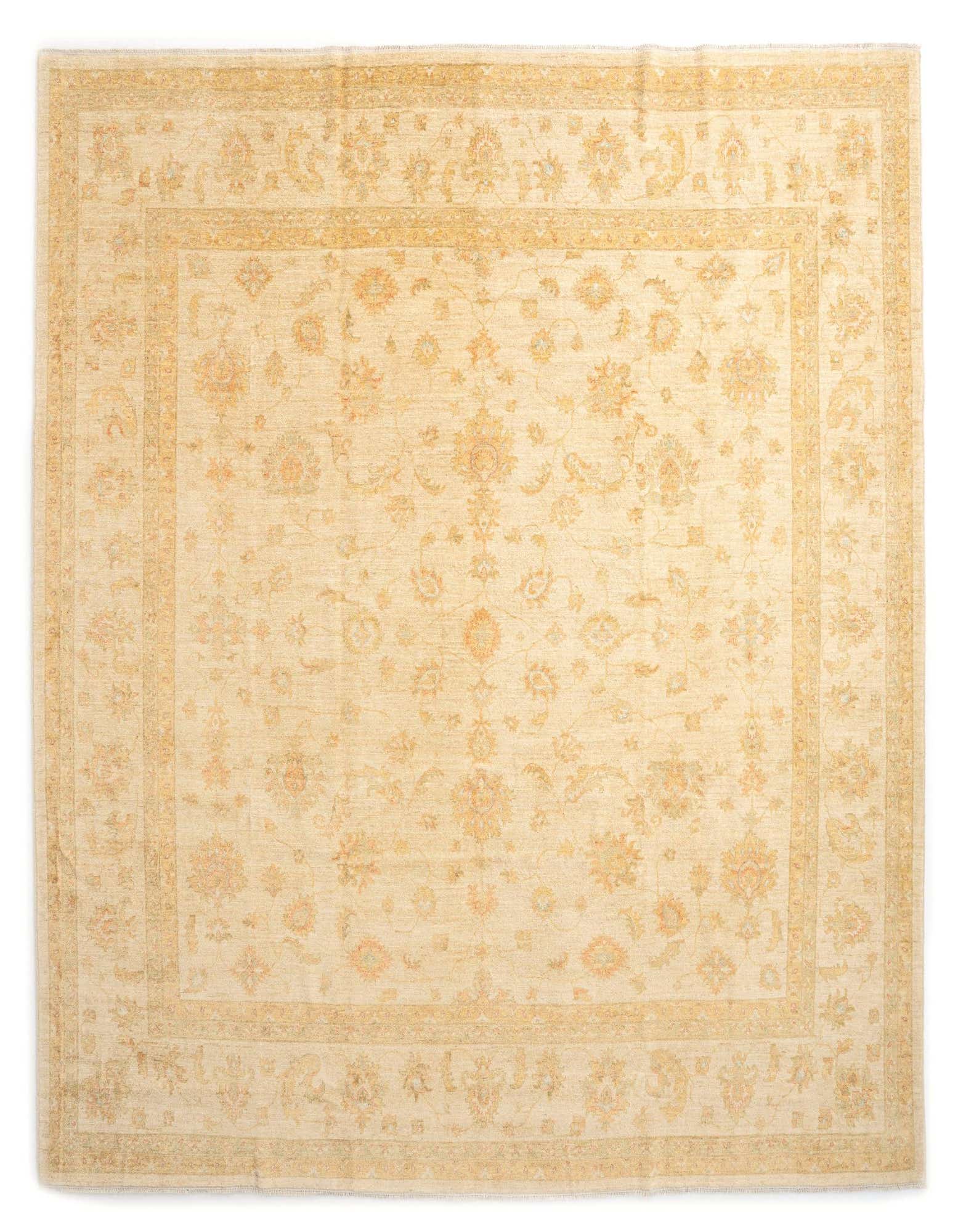 A large 11' 3 x 11' 4 square Kaizar Persian wool rug in shades of brown and ivory with an intricate floral pattern and border.