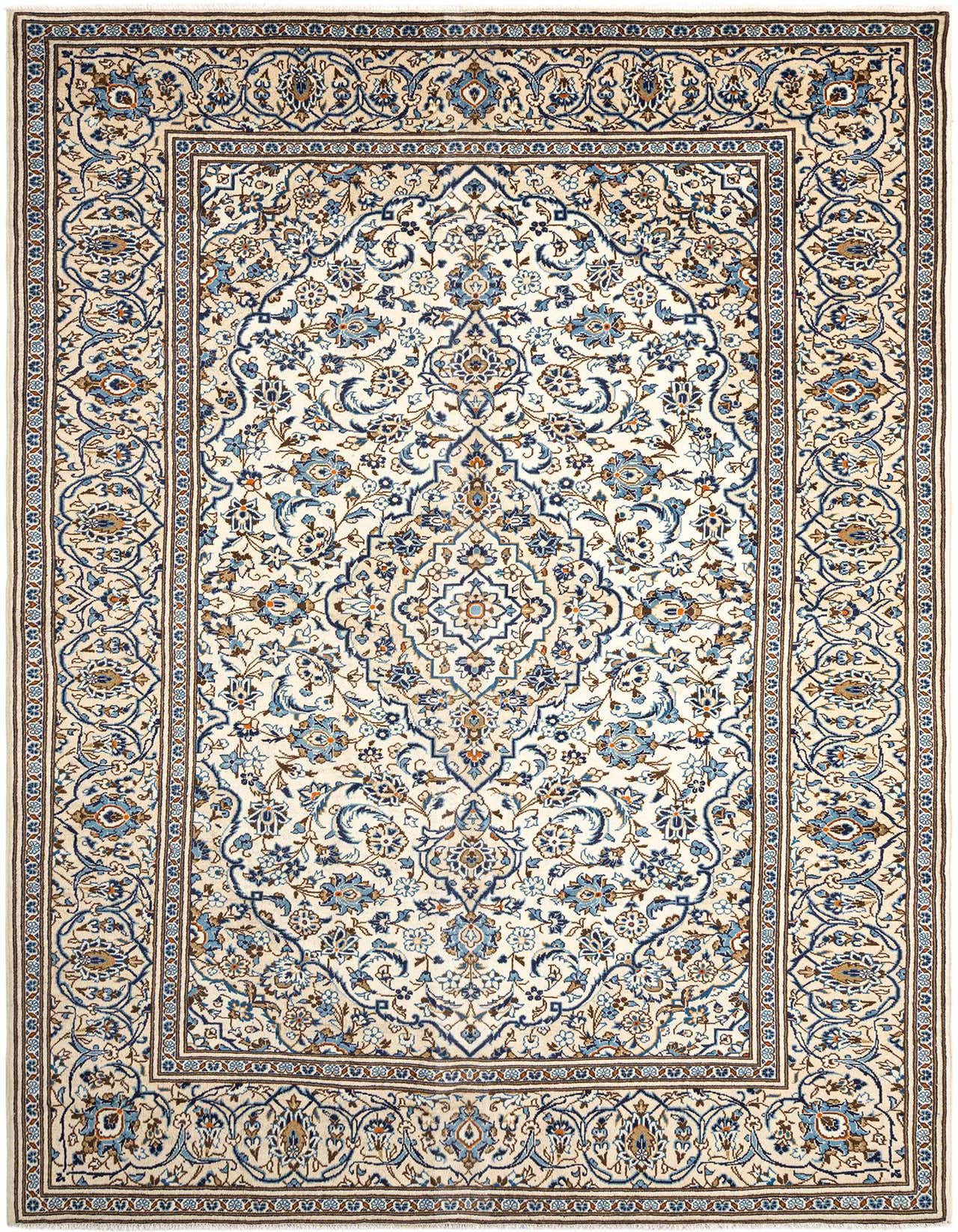 A square 9'11" x 10'3" handmade Persian wool rug with an ivory field and intricate blue and brown floral patterns, featuring a detailed border.