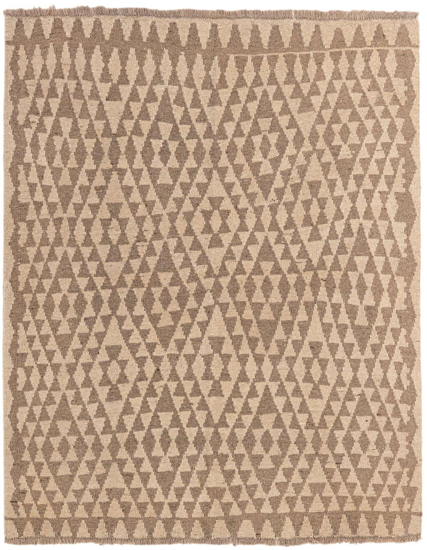 A 4' 9 x 5' 3 square Kilim Maymana rug featuring a tribal geometric pattern in brown and ivory tones, showcasing its flatweave texture.