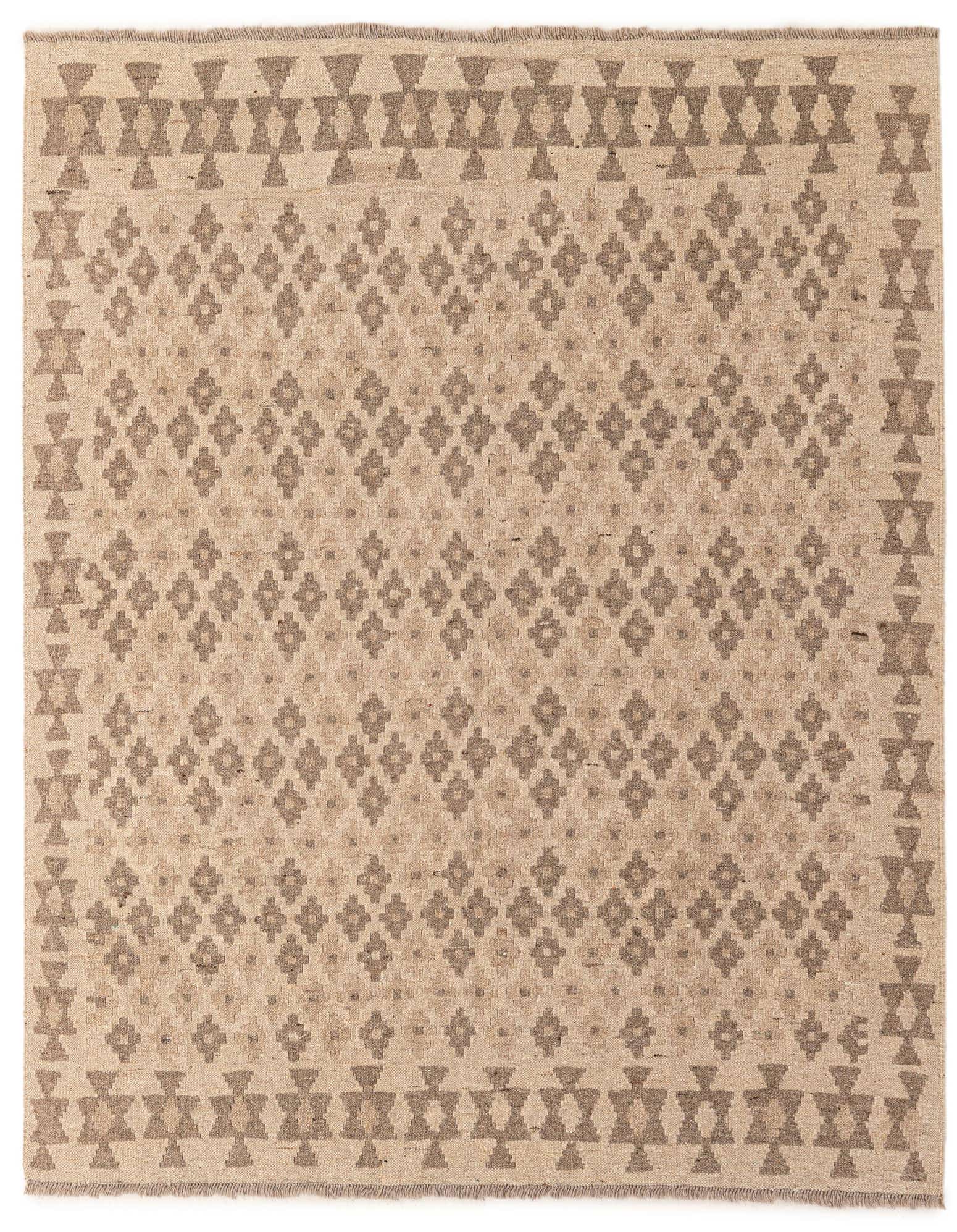 A 5'1" x 5'2" square Kilim Maymana wool rug featuring a tribal geometric pattern in shades of brown and tan.