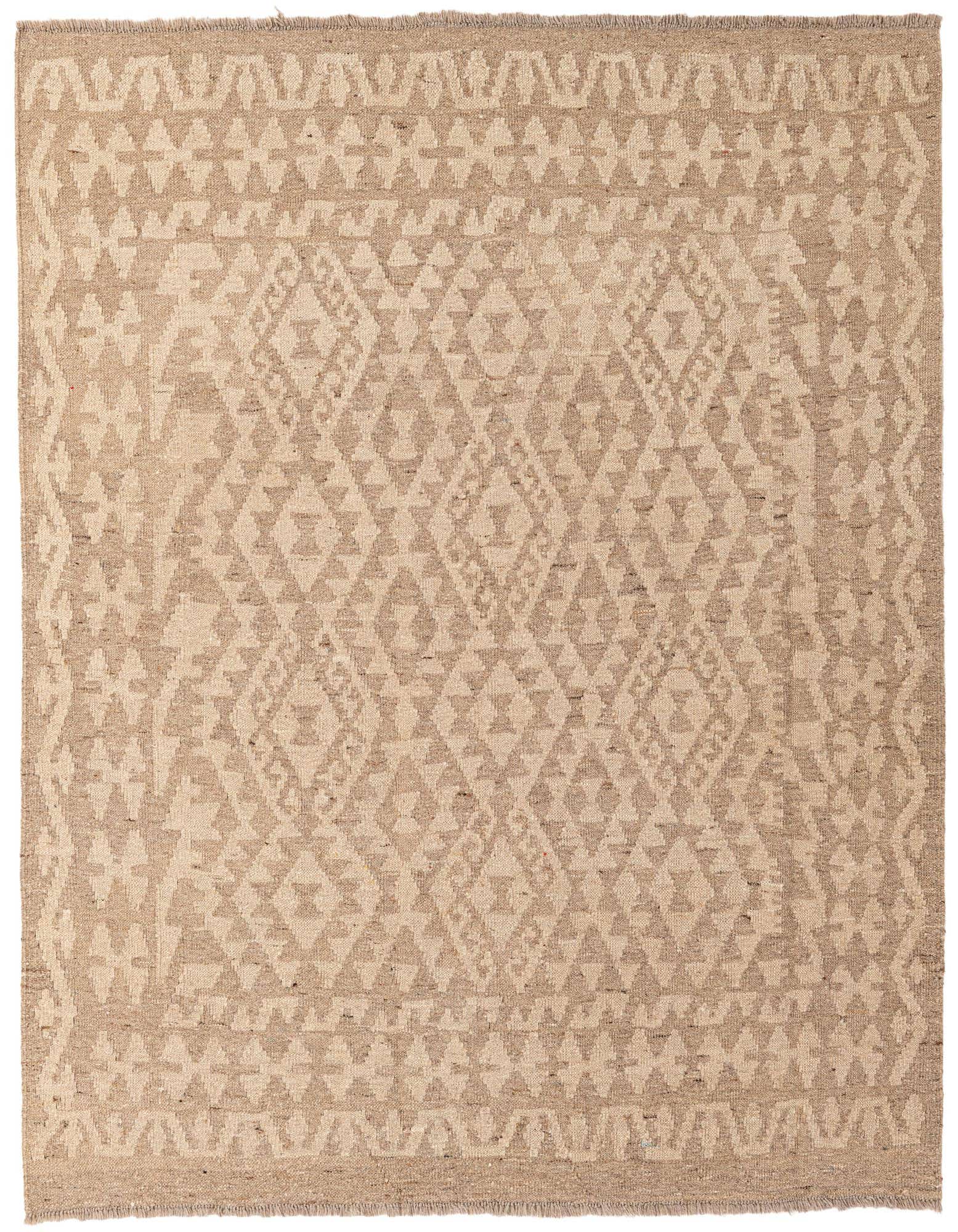 A 5' 2 x 5' 3 square Kilim Maymana wool rug in varying shades of brown and tan, featuring a tribal geometric pattern.