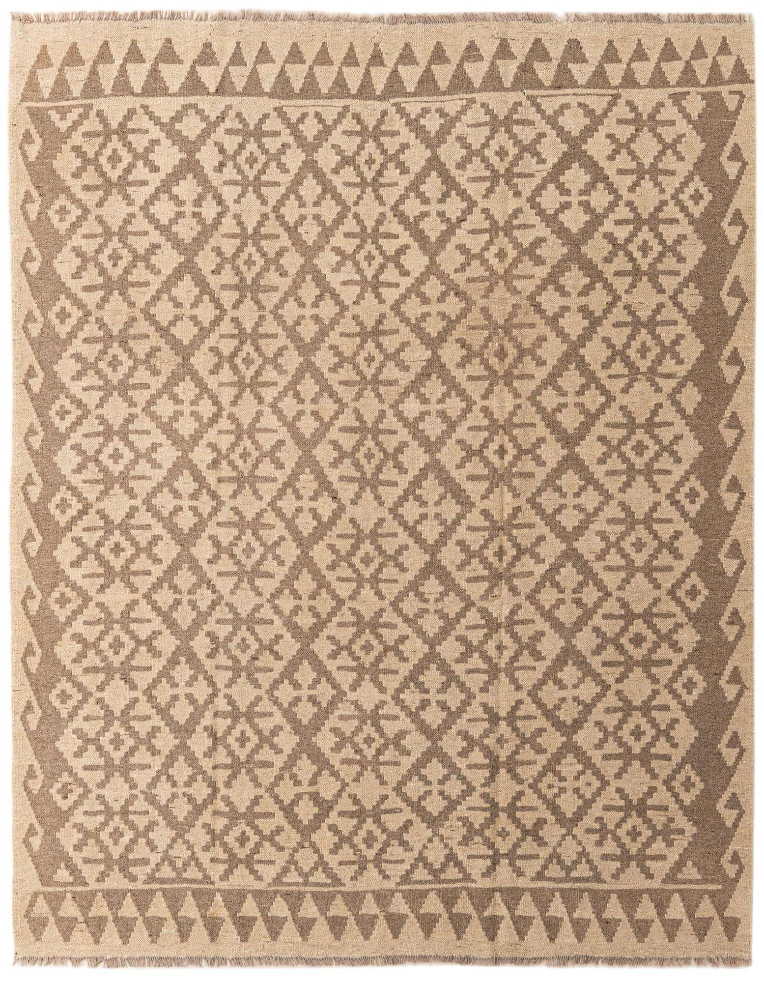 A square Kilim Maymana wool rug featuring a tribal geometric pattern in shades of brown and tan.