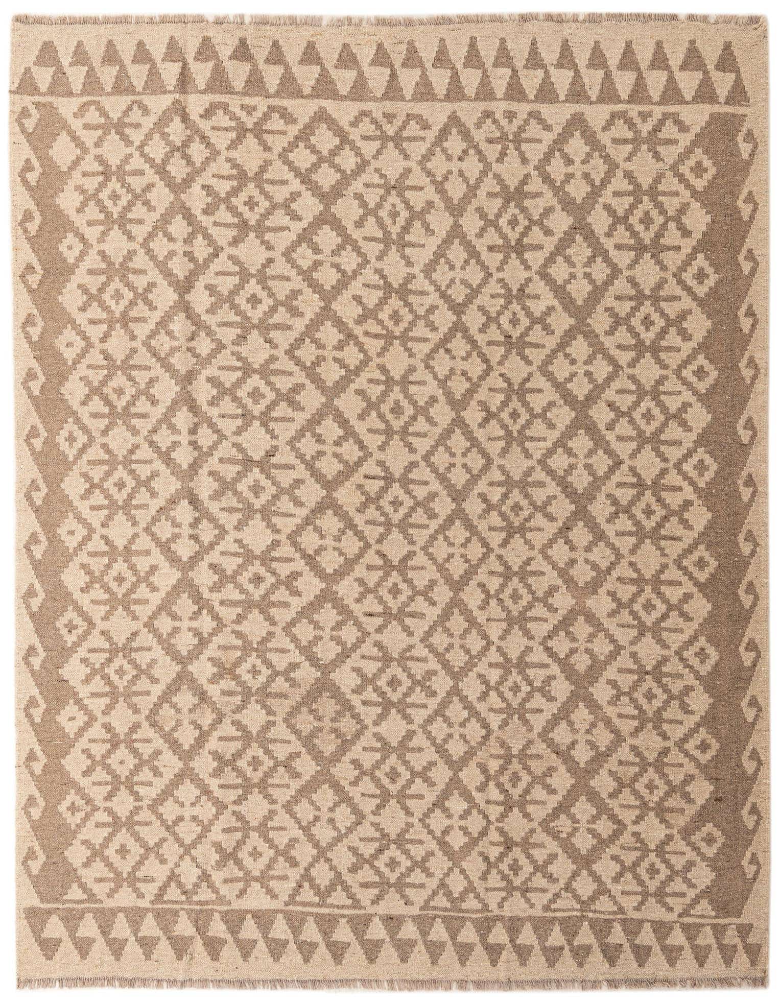 A 6' 6 x 6' 8 square Kilim Maymana rug featuring a tribal geometric pattern in brown and cream tones.