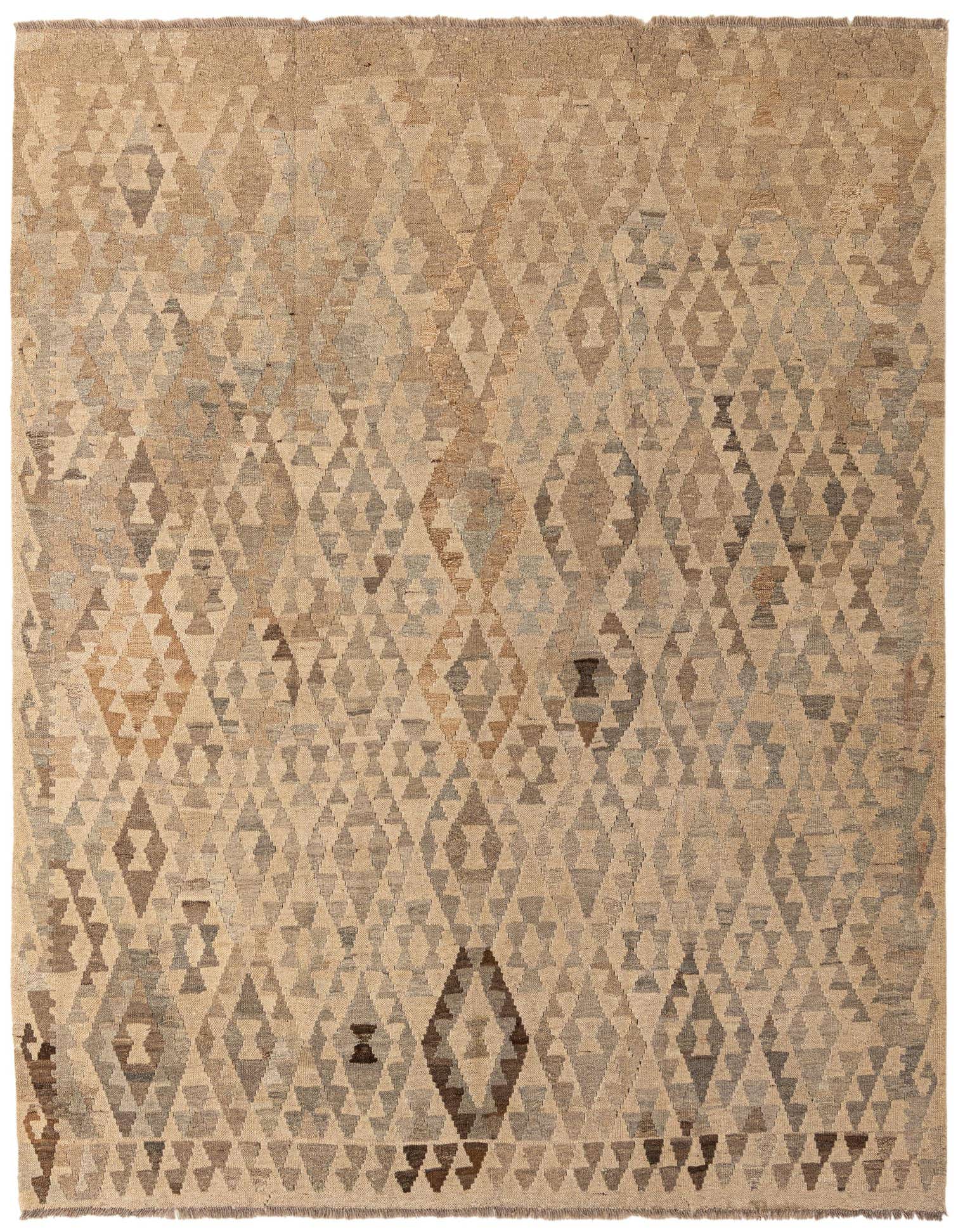 A 6' 10 x 7' 0 square Kilim Maymana rug featuring a tribal diamond pattern in various shades of brown, tan, and cream.