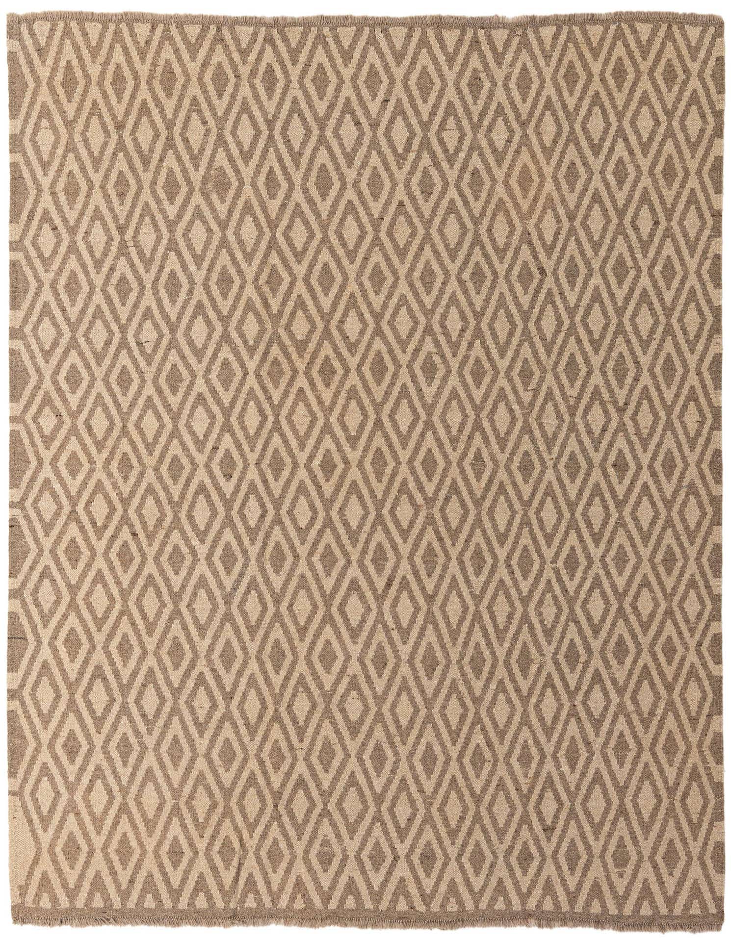 A 6' 8 x 7' 0 square flatweave wool rug featuring a repeating tribal diamond pattern in shades of brown and tan.