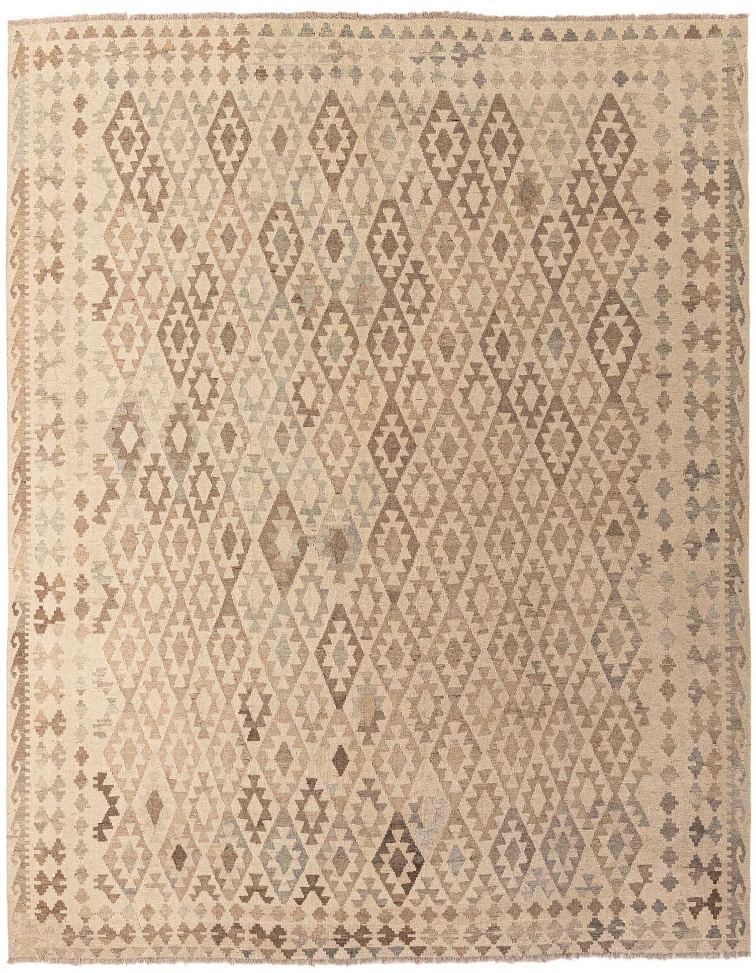 A square Kilim Maymana rug, 9' 9 x 10' 5, featuring a tribal diamond pattern in various shades of brown, tan, and cream.