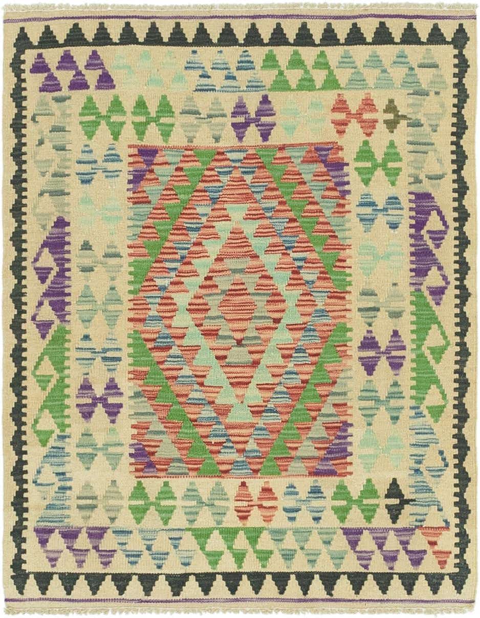 A 3'x3'6 square Kilim Maymana rug with a cream background, featuring a vibrant central medallion of red, blue, and green diamonds, surrounded by tribal patterns in purple, green, and blue.