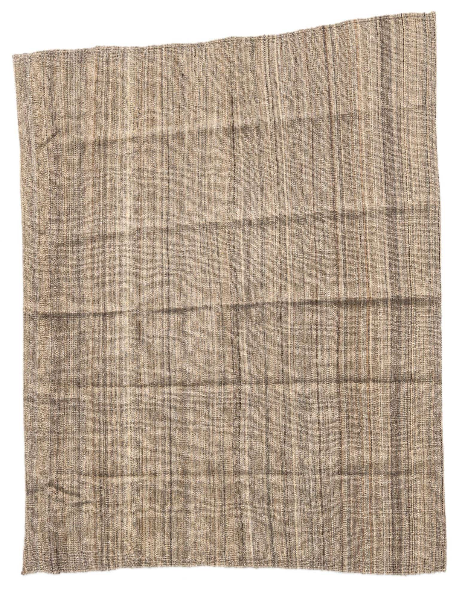 A 3' 10 x 3' 11 square Kilim Modern wool rug featuring a tribal striped pattern in browns, tans, and ivories.