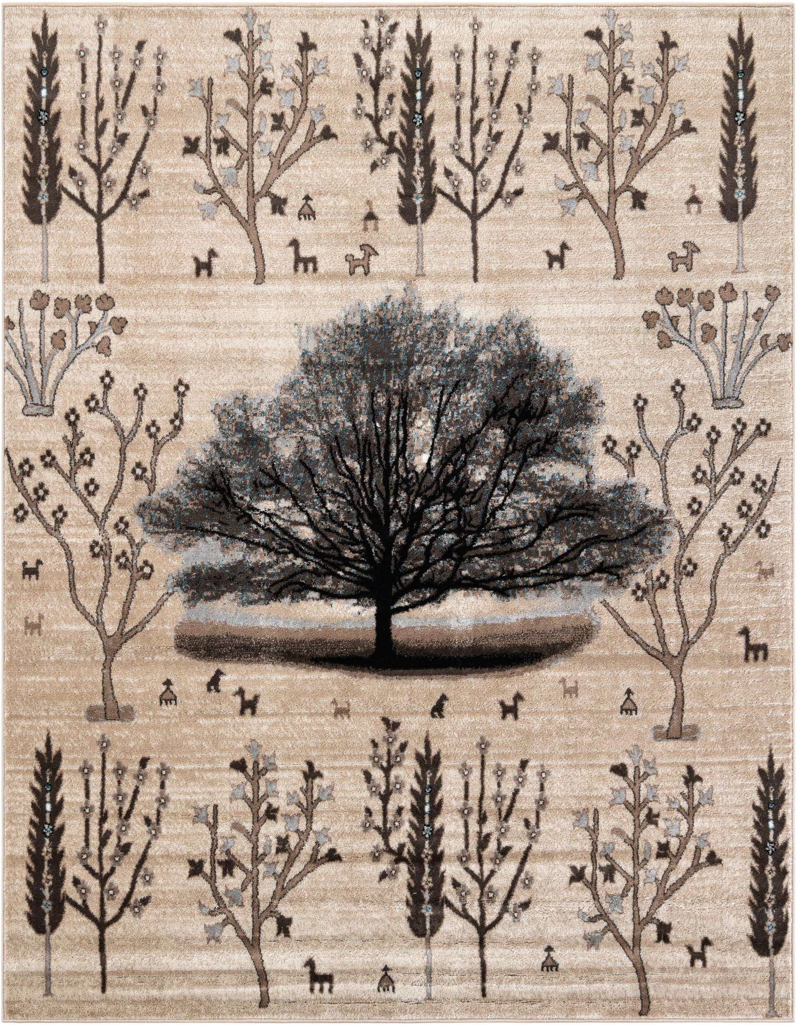 A square modern rug featuring a large central tree with dark branches and a lighter canopy, surrounded by smaller stylized trees and animal figures on a tan and ivory background.