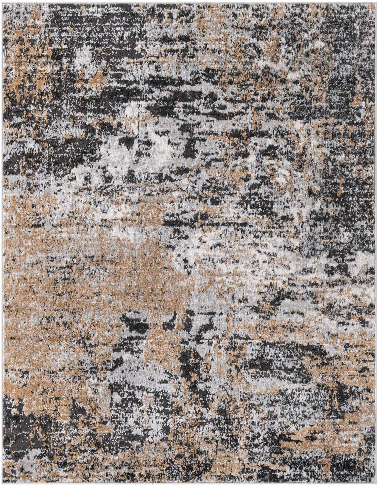 A 5' 3 x 5' 3 square Leipzig rug with an abstract pattern in browns, tans, ivories, and creams.