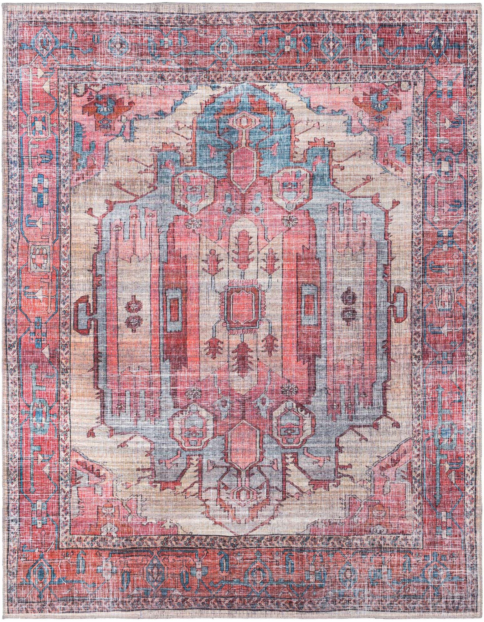 A square 7' 10 x 7' 10 Maahru rug featuring a distressed traditional medallion pattern in shades of brown, tan, ivory, and faded red and blue.