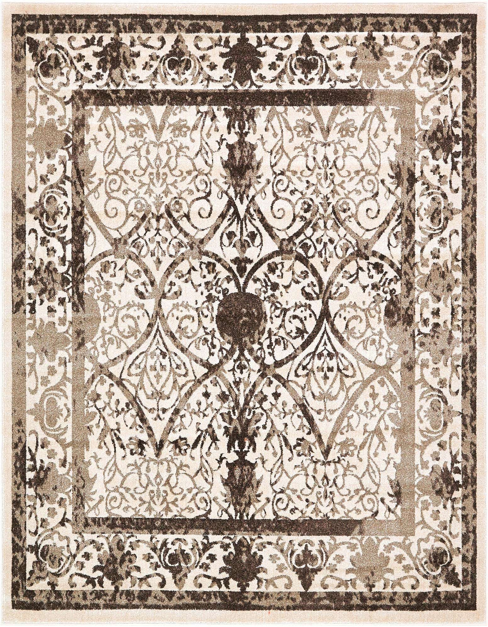 A square Rugs.com Miranda rug featuring an ornate traditional floral pattern in shades of brown, tan, and ivory.
