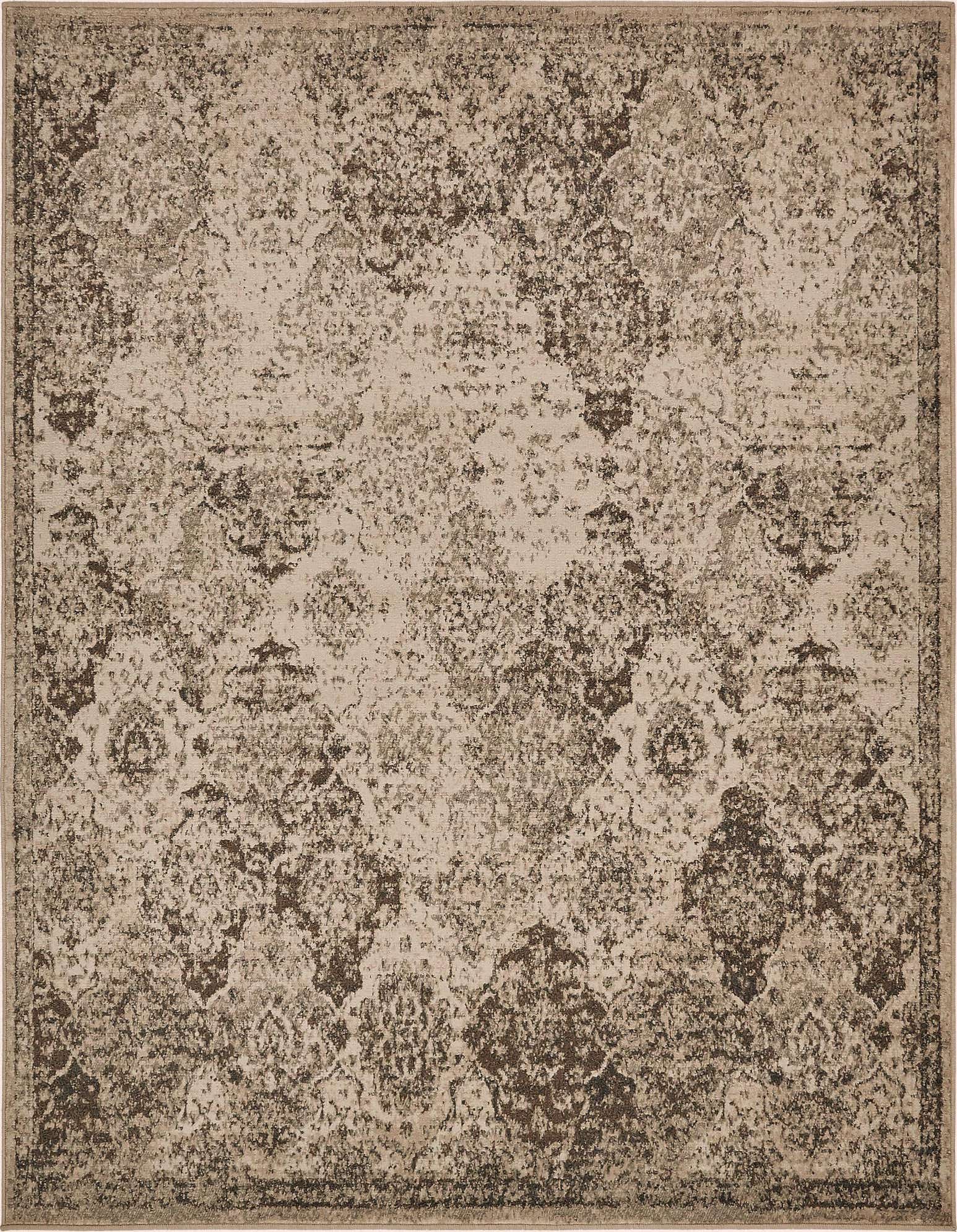 Square 8' x 8' Mojave rug featuring a distressed traditional trellis pattern in shades of brown, tan, and ivory.