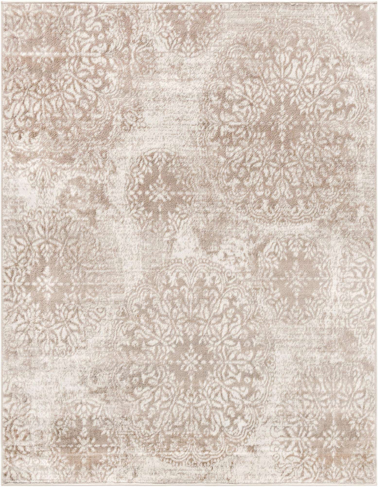 A 6'x6' square Monte Carlo rug featuring a distressed traditional floral pattern in shades of brown, tan, and cream.