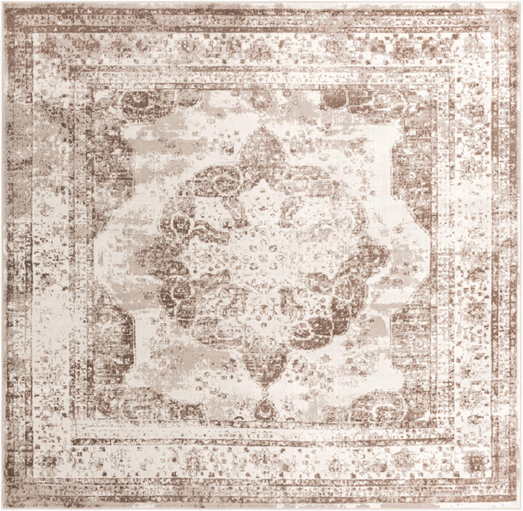 A 10' 0 x 10' 0 square transitional rug with a distressed medallion pattern in shades of brown, tan, and ivory.