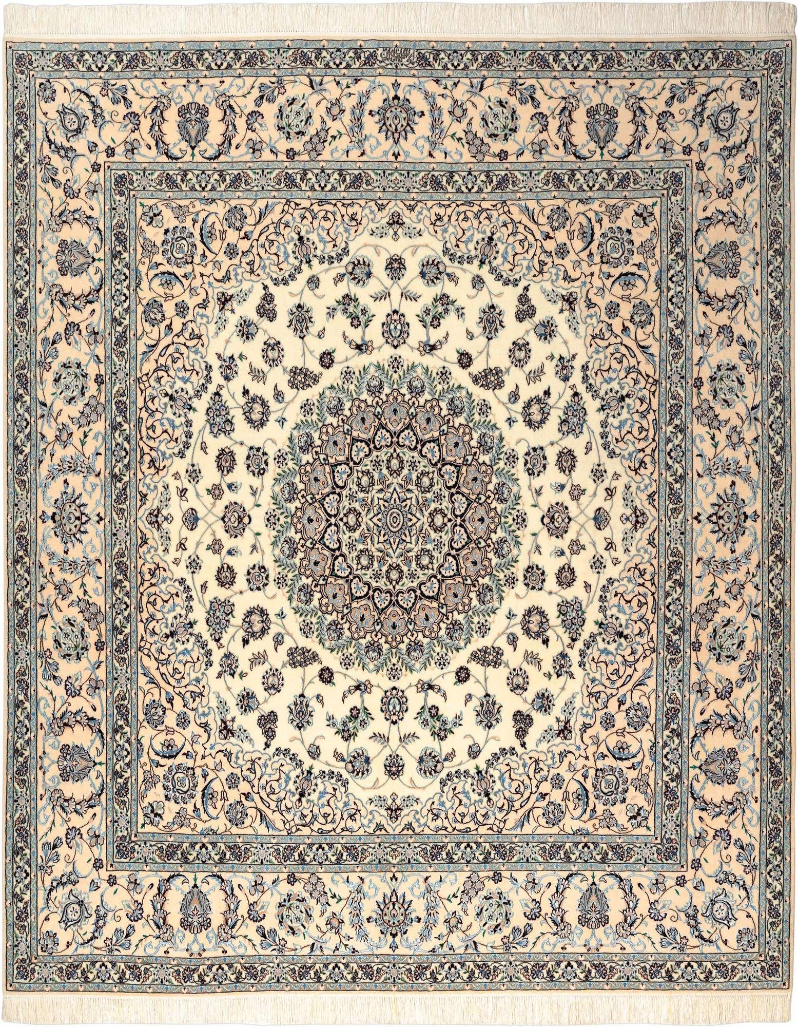A square 8' 3 x 8' 3 Persian rug in browns/tans and ivories/creams with an intricate floral medallion pattern.
