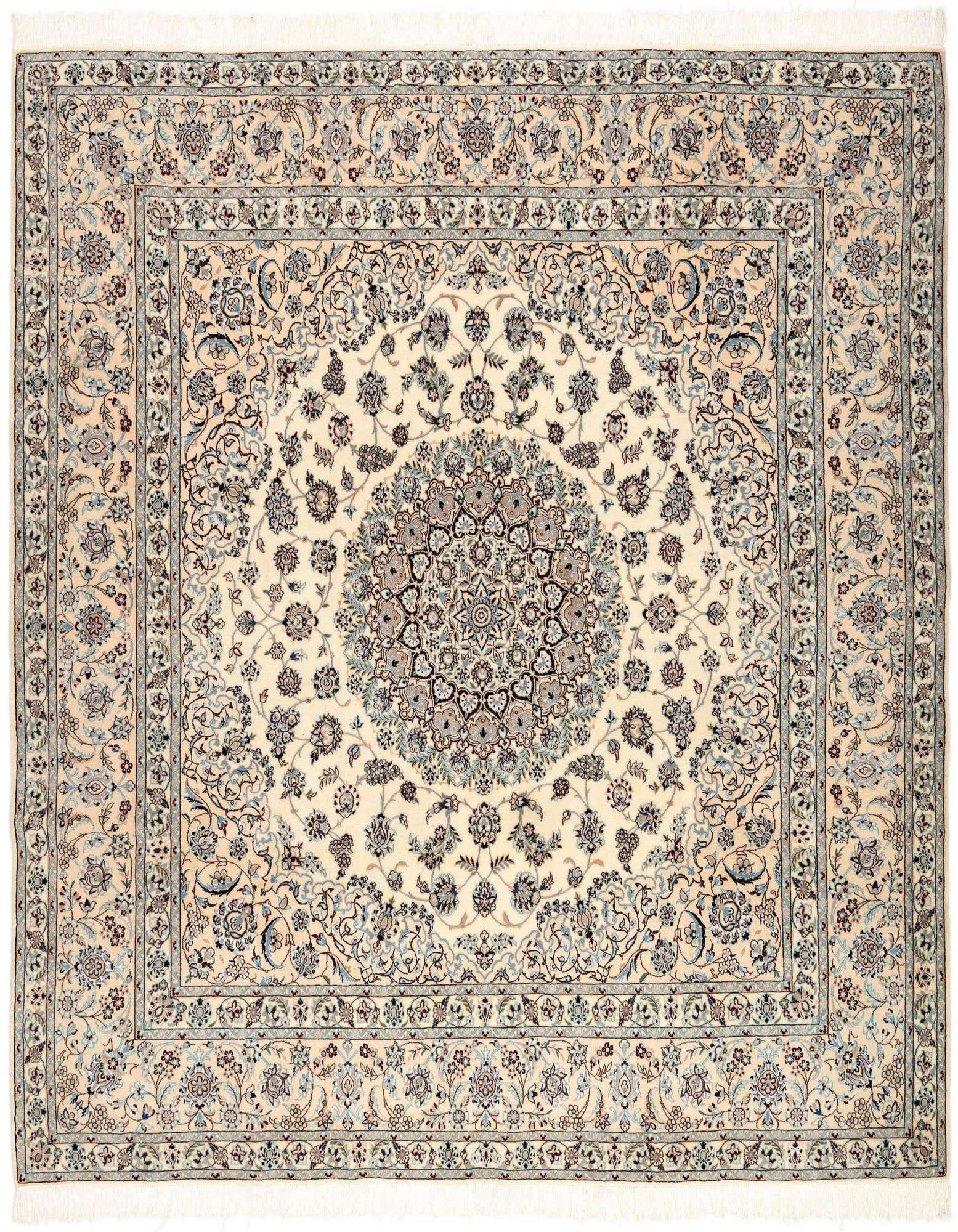 An 8' 4 x 8' 5 square Persian rug with a cream background, intricate floral medallion, and brown and blue accents.