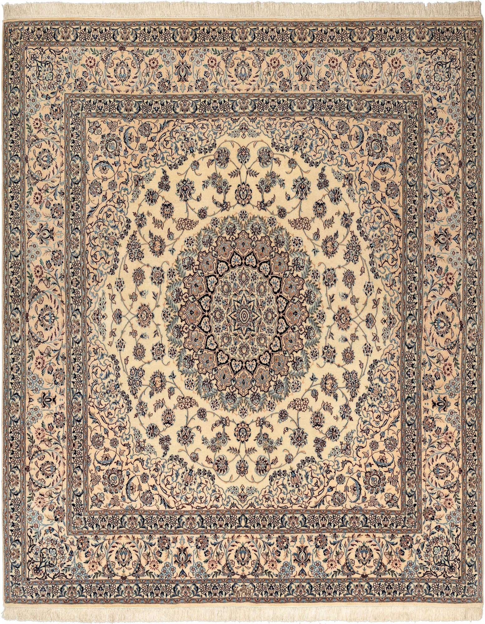 A 6' 9 x 6' 11 square Persian rug with a cream background, intricate floral patterns, and a central medallion in browns, tans, and ivories.