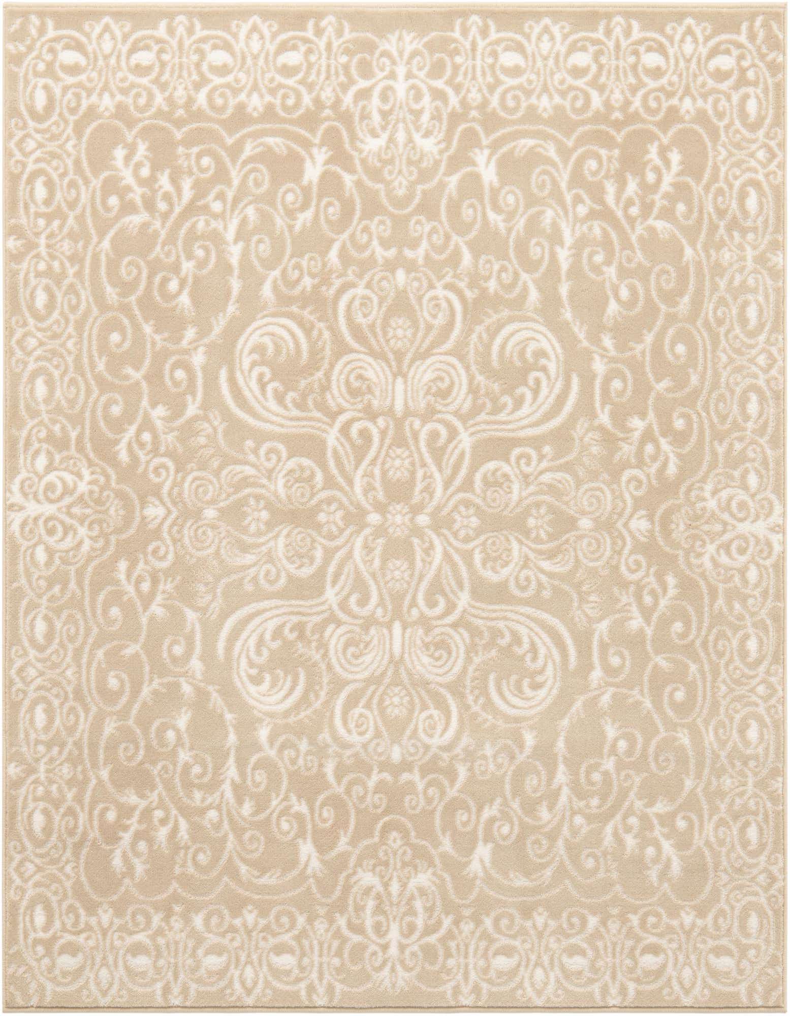 A 5' 3 x 5' 3 square Nepal rug in shades of tan and ivory, featuring an intricate Victorian floral pattern.