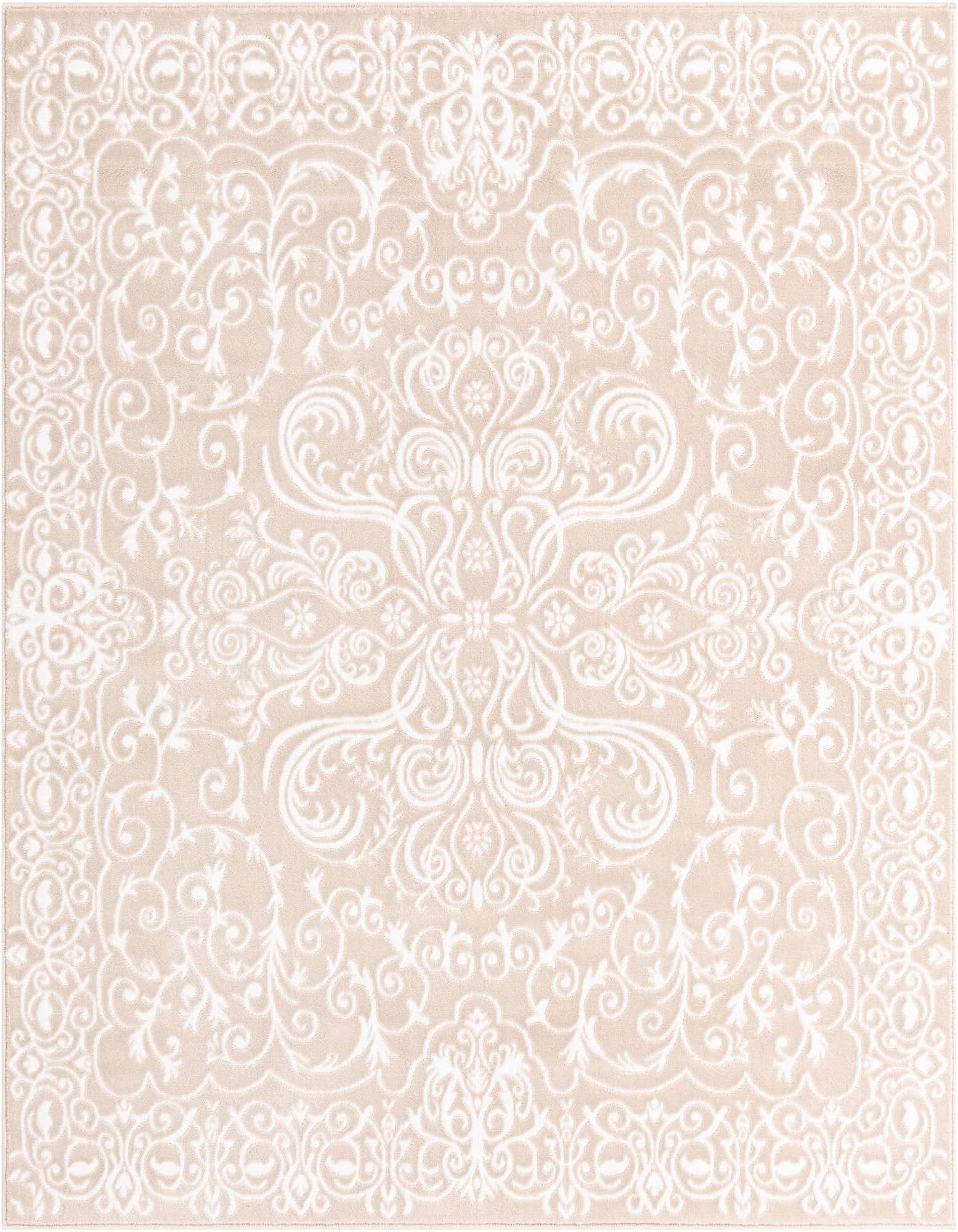 A 6'x6' square Nepal Collection rug in light brown with an intricate ivory traditional floral and scrollwork pattern.