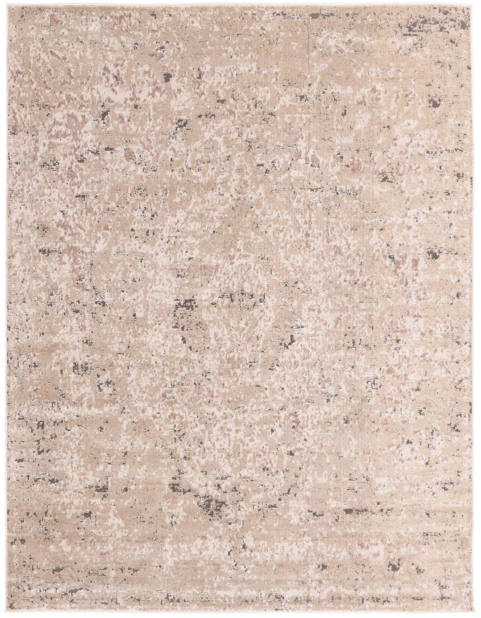 A 7' 10 x 7' 10 square Rugs.com Oregon rug with a distressed shabby-chic pattern in browns, tans, and ivories.