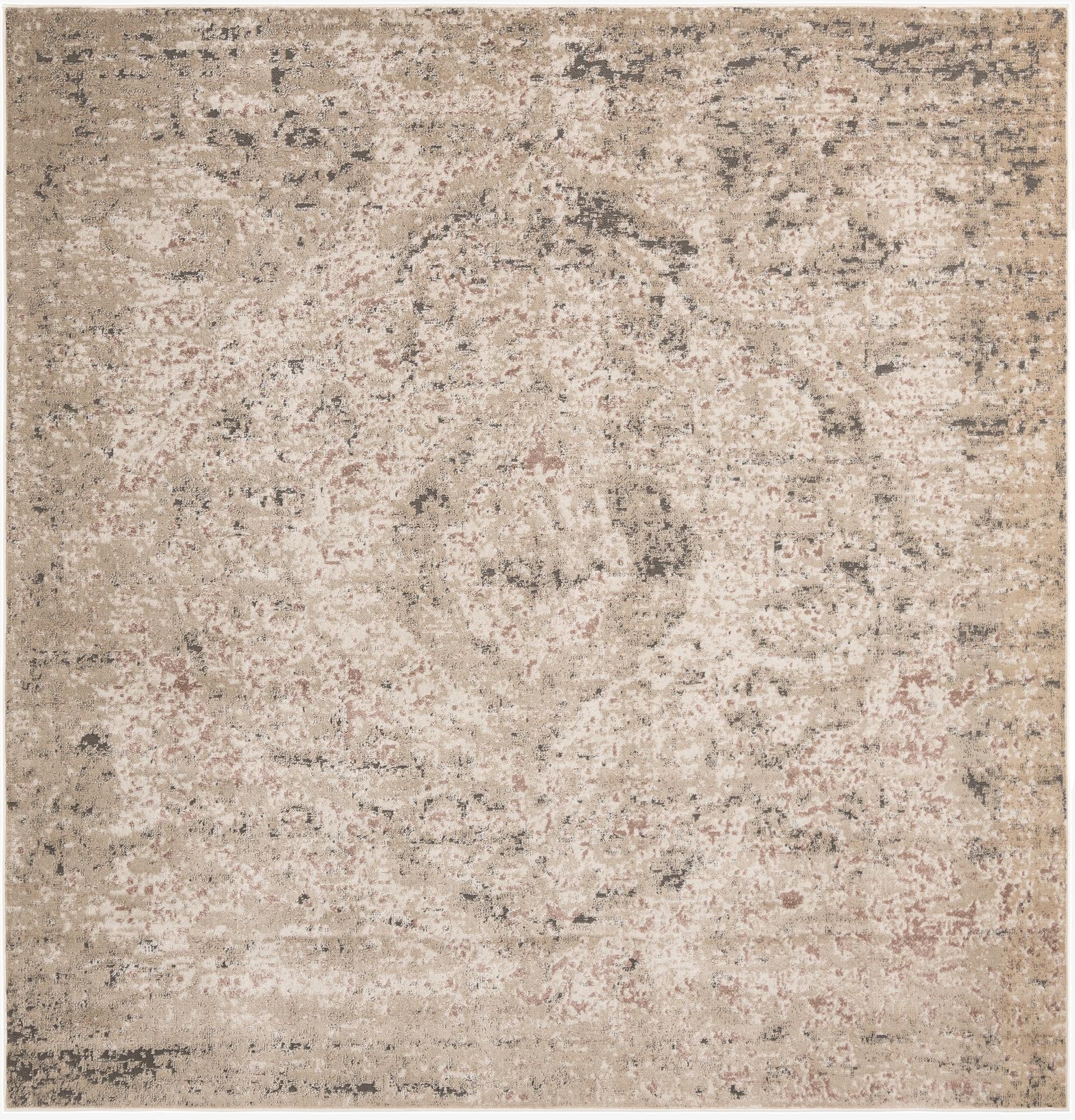 A 10'x10' square Rugs.com Oregon rug featuring a distressed medallion pattern in browns, tans, and creams.