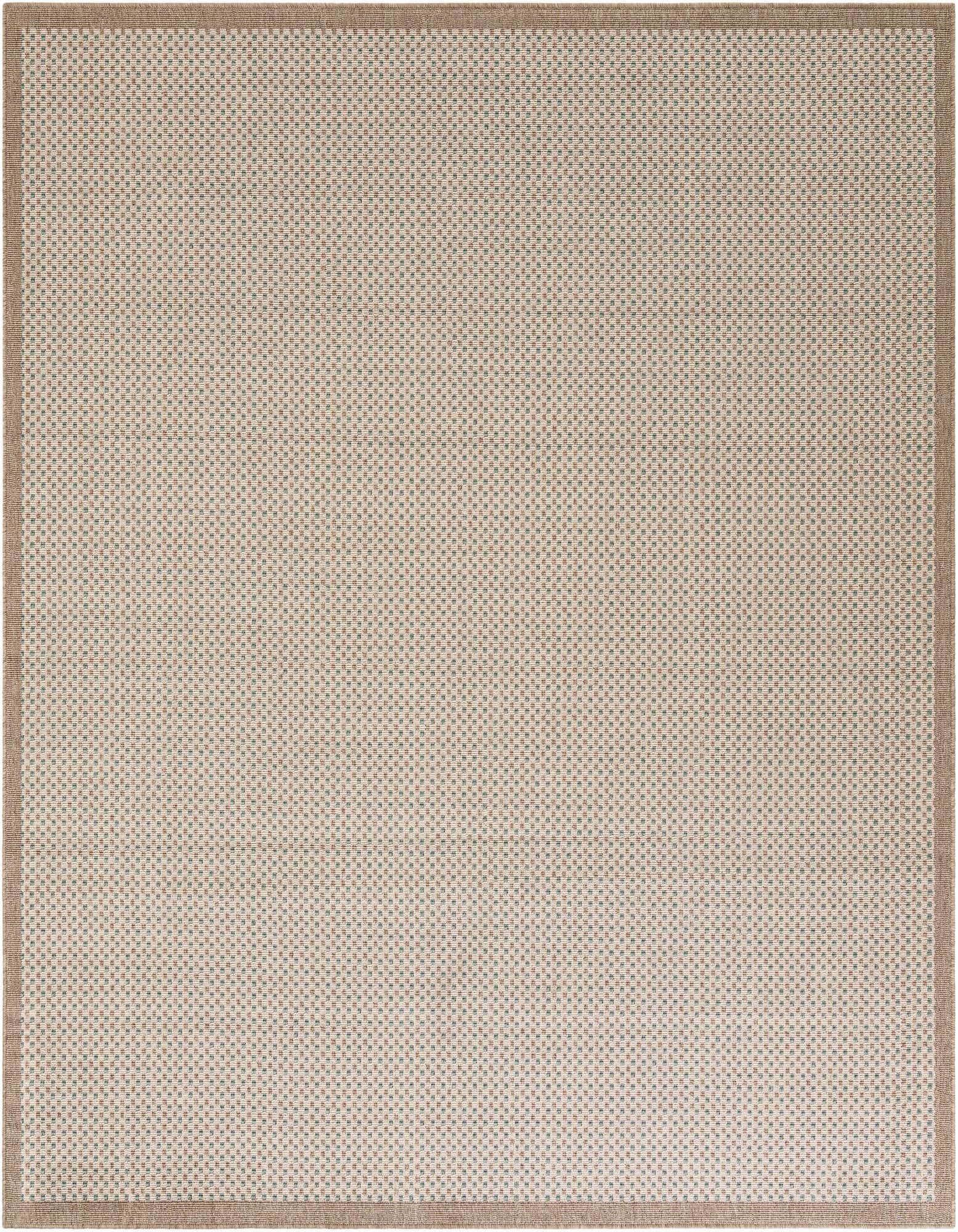 A 7' 10 x 7' 10 square modern outdoor rug in brown and ivory with a textured flatweave and a solid brown border.