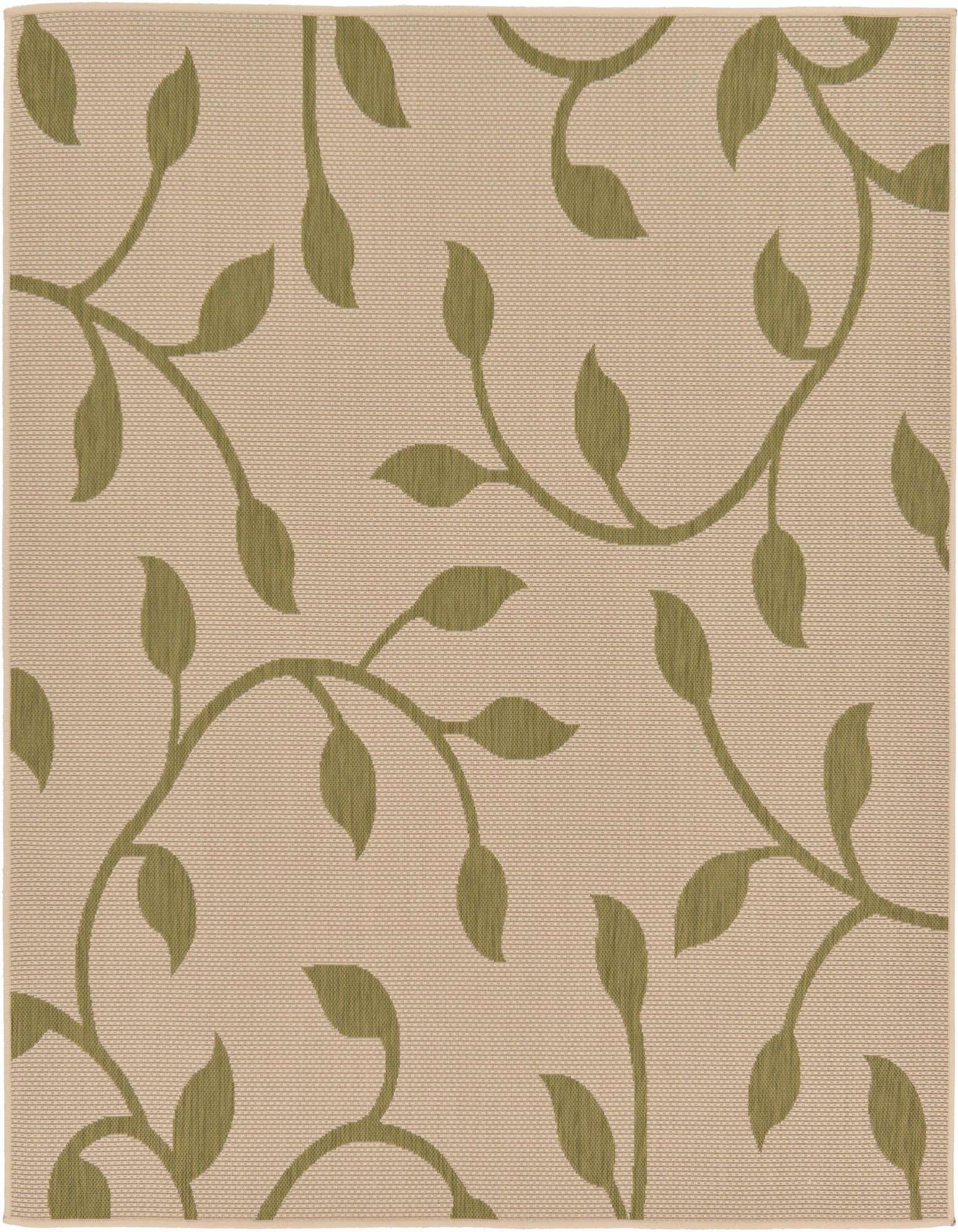 A 6x6 square indoor/outdoor rug with a modern botanical pattern of olive green leaves on a light tan background.