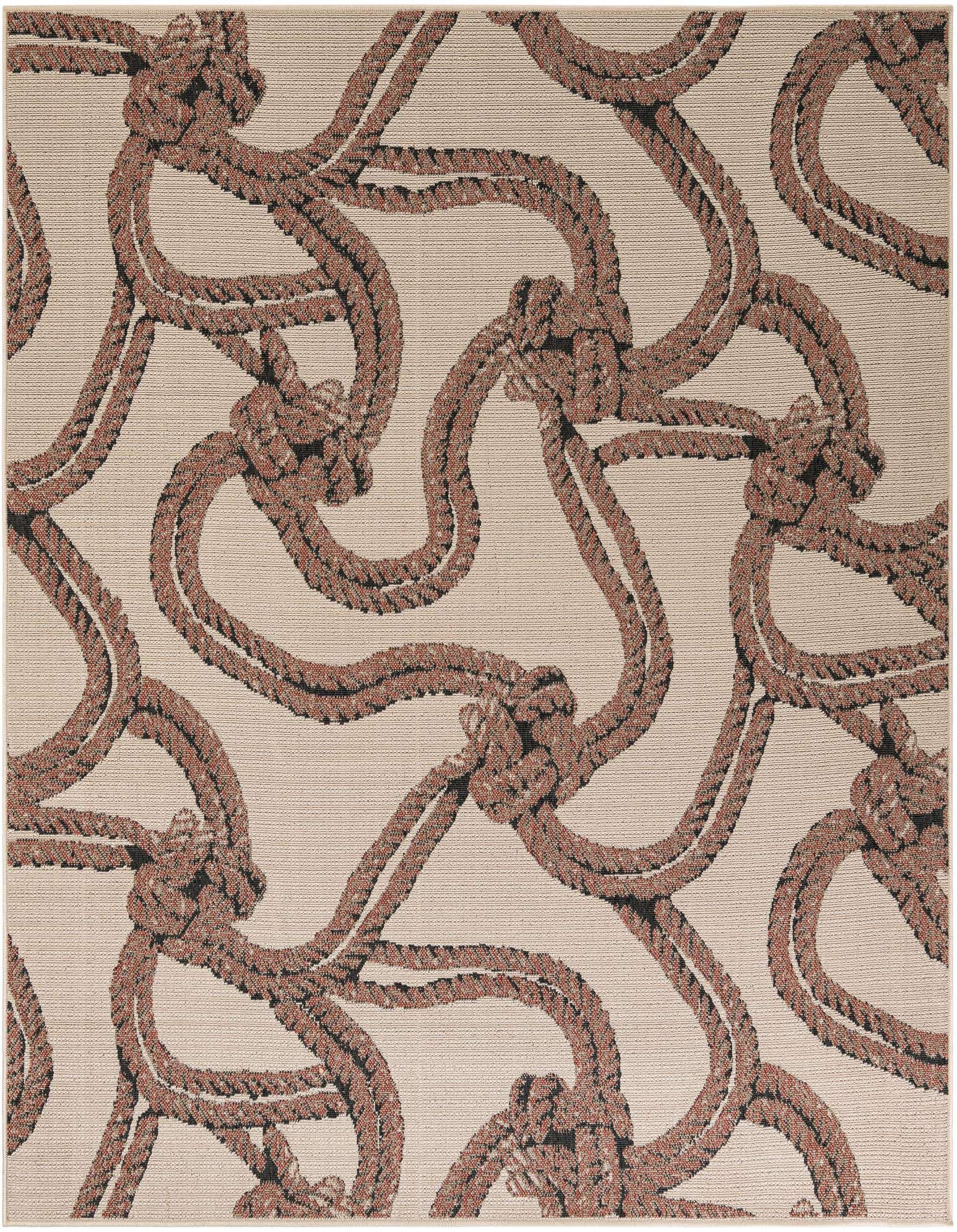 A square indoor/outdoor rug with a modern nautical pattern of intertwined brown and black ropes on a cream background.