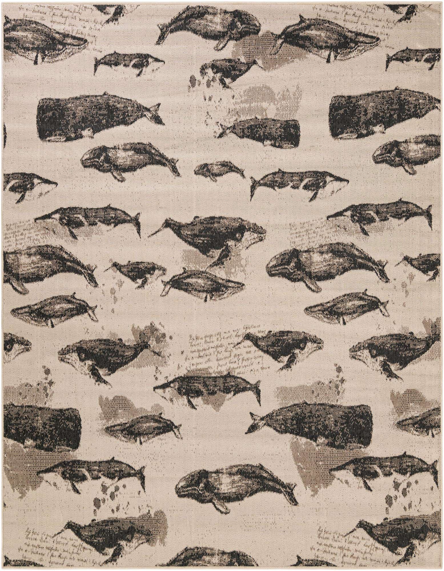 A 7' 10 x 7' 10 square indoor/outdoor rug featuring a modern pattern of various brown whales and subtle script on an ivory background.