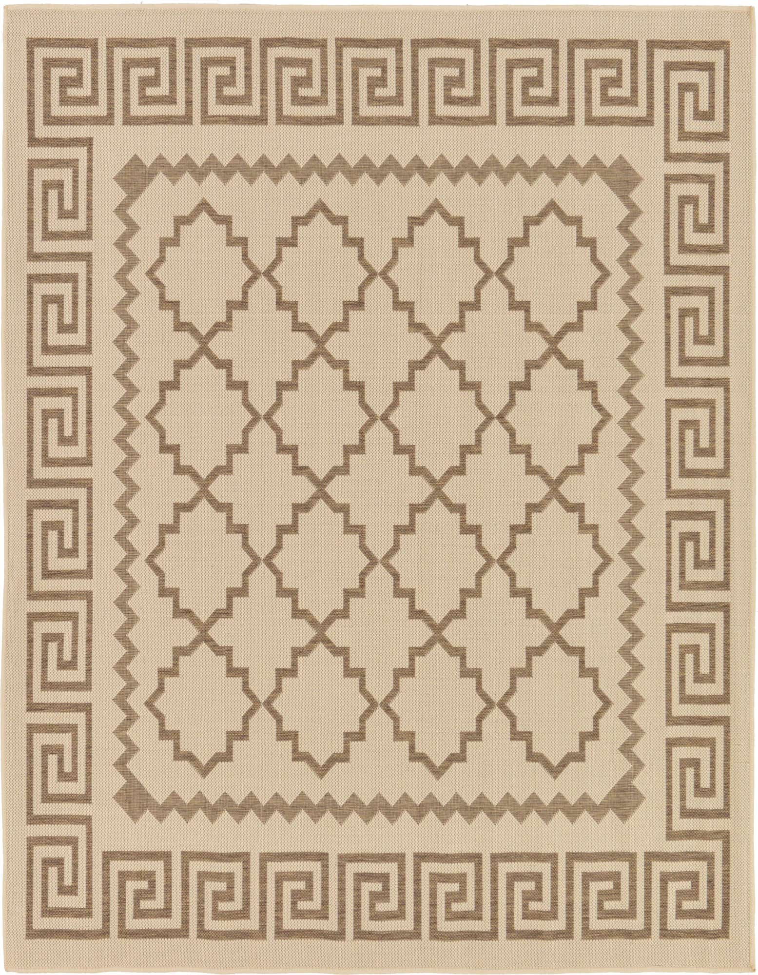 A 6'x6' square indoor/outdoor rug with a cream background and brown tribal trellis pattern, bordered by a Greek key design.