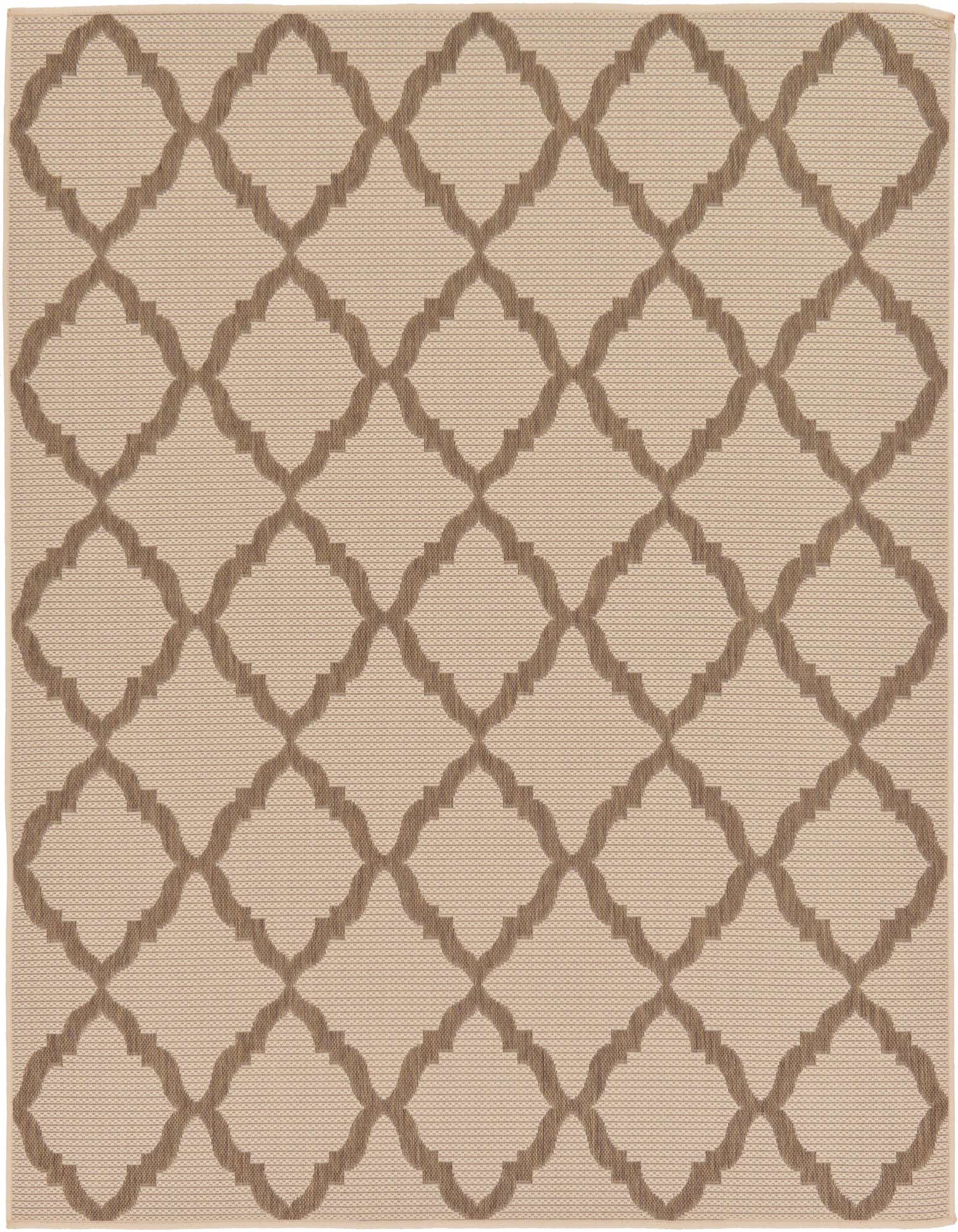 A 6'x6' square indoor/outdoor rug featuring a modern brown trellis pattern on a tan flatweave background.