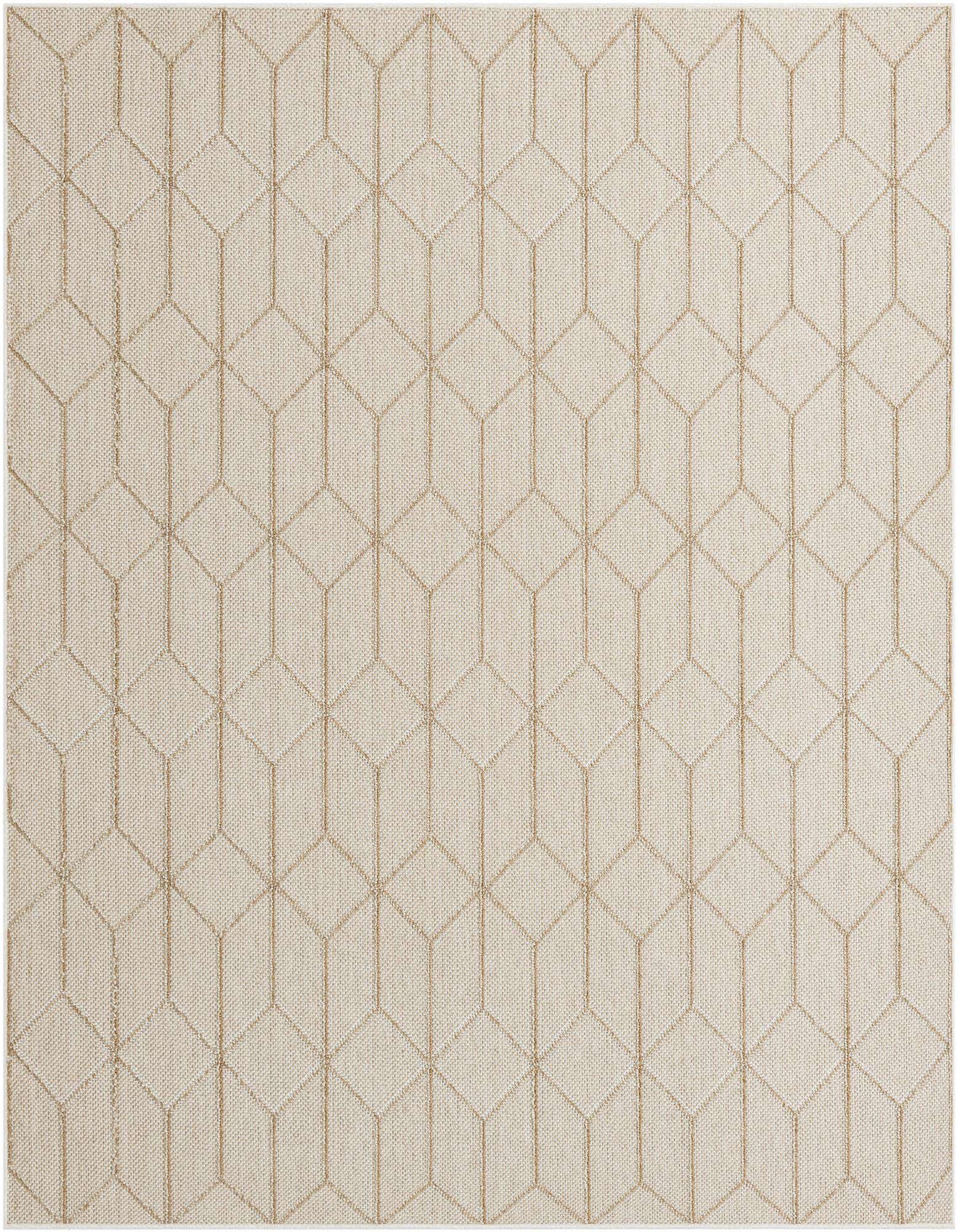 A 7' 10 x 7' 10 square Rugs.com Outdoor Lattice rug with a brown and ivory contemporary trellis pattern, suitable for indoor/outdoor use.