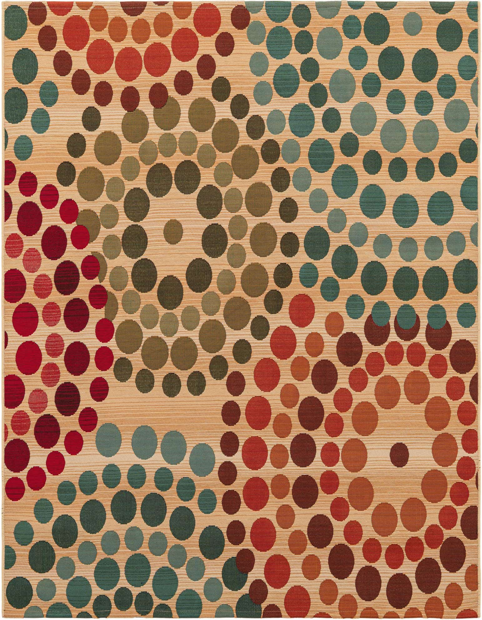 A 5' 3 x 5' 3 square rug with a modern abstract pattern of various sized circles in shades of brown, tan, ivory, red, and teal on a light background, suitable for indoor or outdoor use.