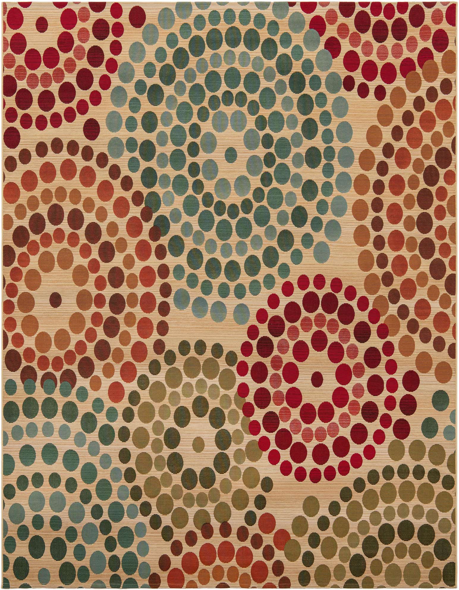 A 7' 10 x 7' 10 square rug with a modern abstract pattern of multi-colored dots in shades of brown, teal, and red on a cream background, suitable for a patio.