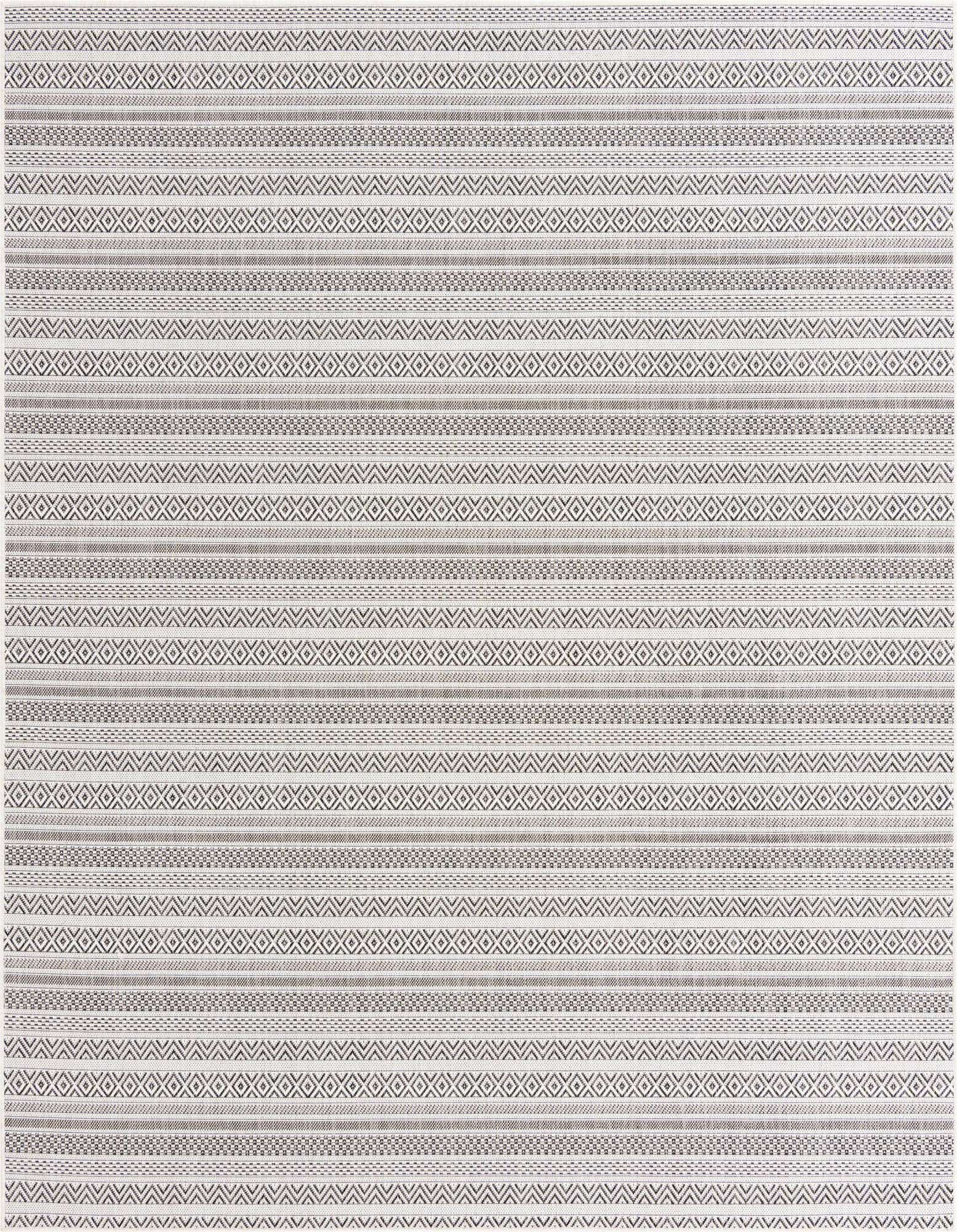 A 7' 10 x 7' 10 square Rugs.com Outdoor Ribbon rug featuring a modern tribal pattern in browns, tans, and ivories.